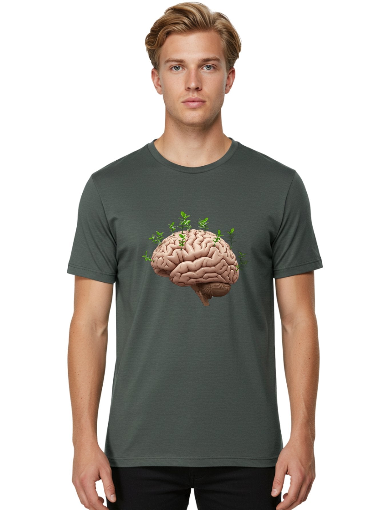 Brain-With-Sprouts Men'S Graphic Tee, 100% Cotton, Comfortable Casual Summer Wear, Machine Washable, Human Brain, Plants Growing Out, Creative Thinking, Neuroscience, Brain Function, Mental Growth, Green Shoots Bae010 18