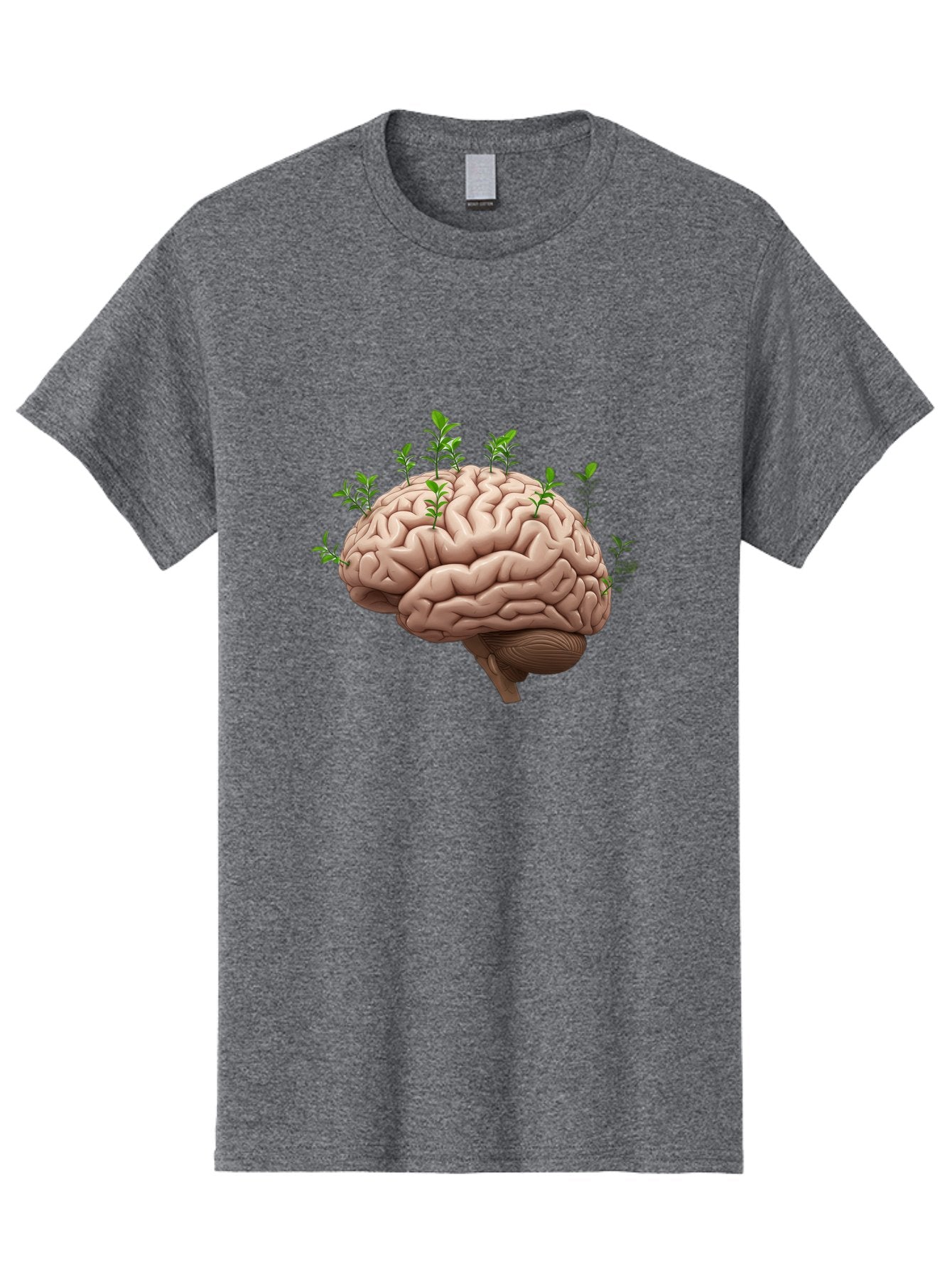 Brain-With-Sprouts Men'S Graphic Tee, 100% Cotton, Comfortable Casual Summer Wear, Machine Washable, Human Brain, Plants Growing Out, Creative Thinking, Neuroscience, Brain Function, Mental Growth, Green Shoots Bae010