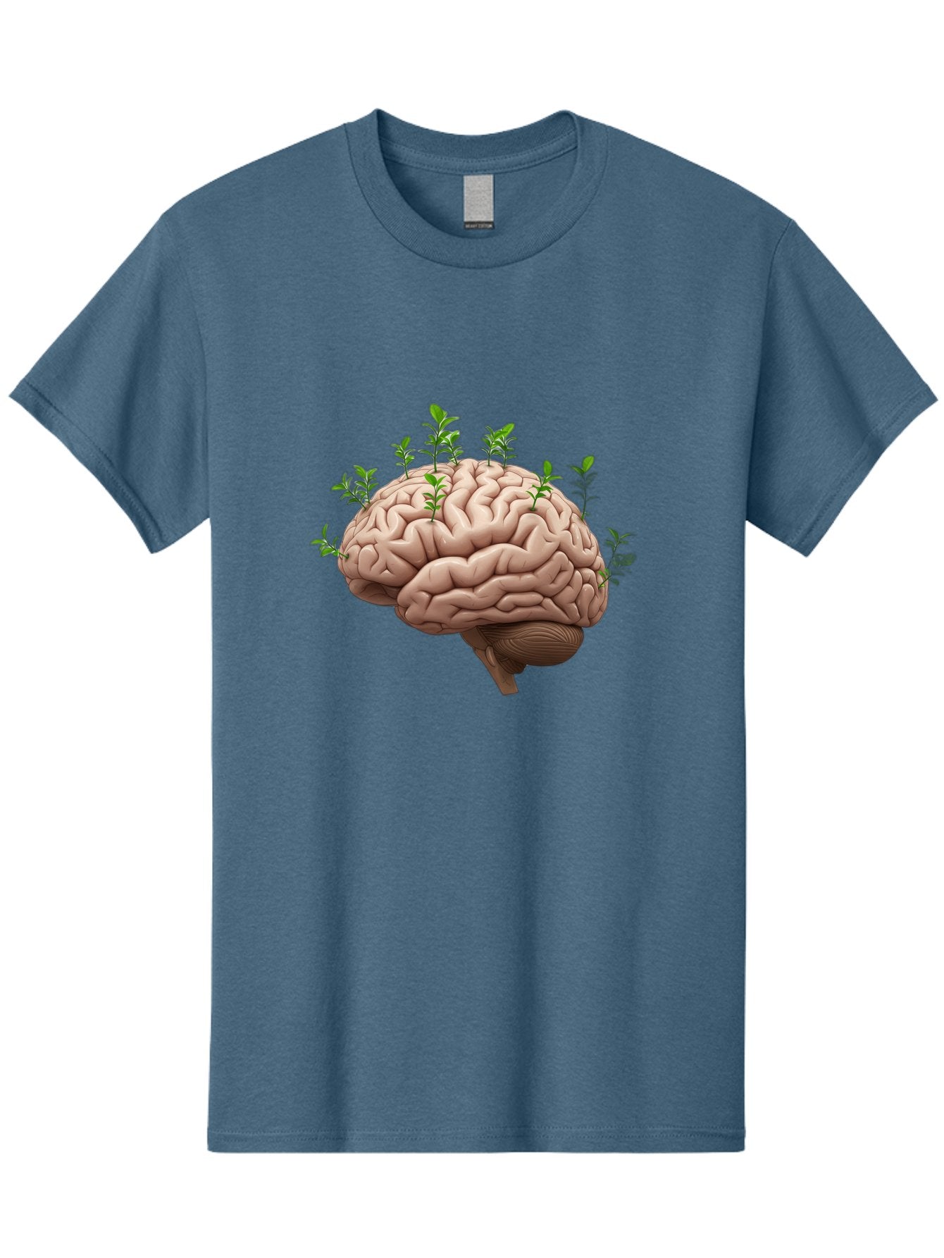 Brain-With-Sprouts Men'S Graphic Tee, 100% Cotton, Comfortable Casual Summer Wear, Machine Washable, Human Brain, Plants Growing Out, Creative Thinking, Neuroscience, Brain Function, Mental Growth, Green Shoots Bae010 14