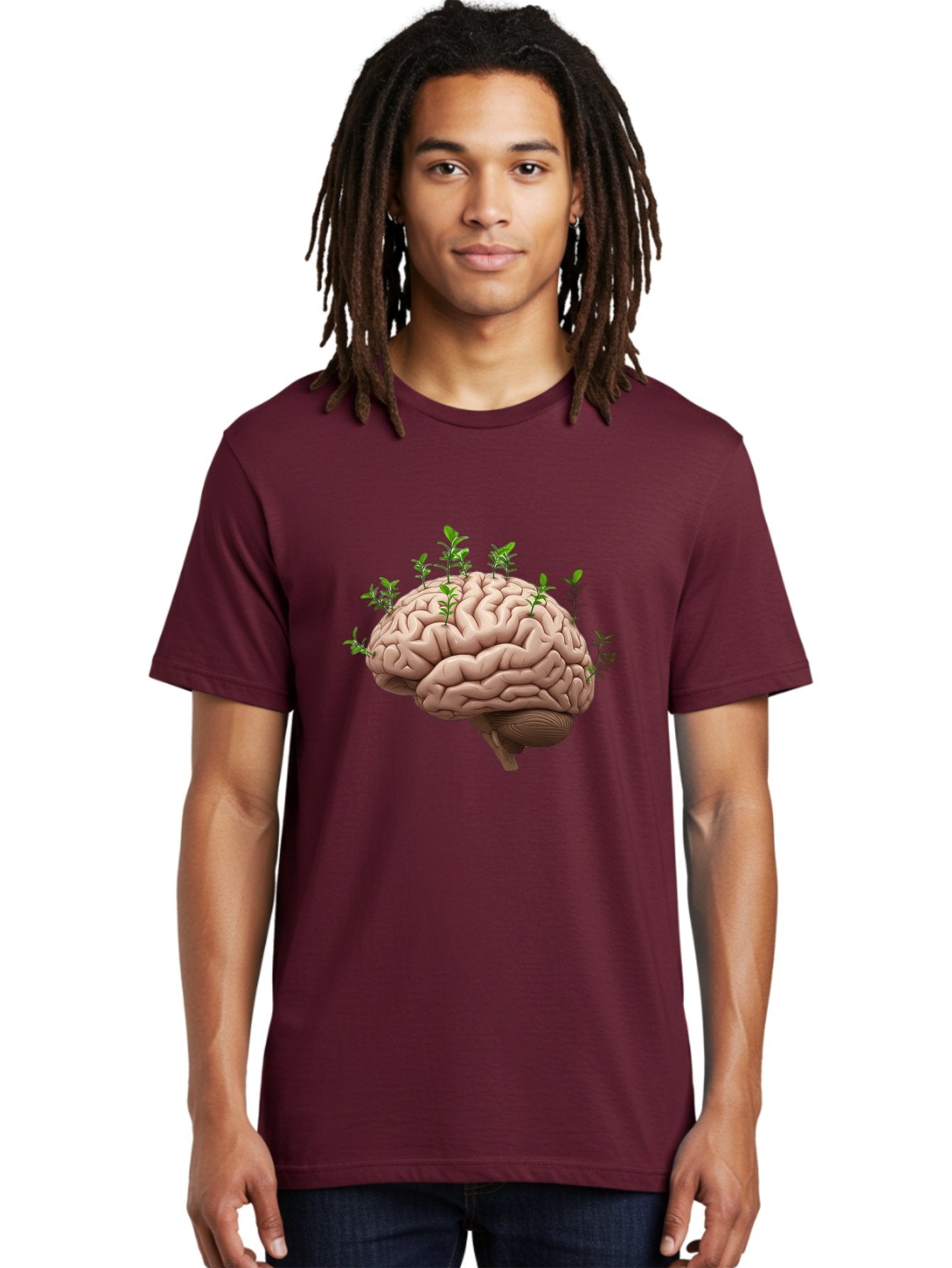 Brain-With-Sprouts Men'S Graphic Tee, 100% Cotton, Comfortable Casual Summer Wear, Machine Washable, Human Brain, Plants Growing Out, Creative Thinking, Neuroscience, Brain Function, Mental Growth, Green Shoots Bae010 27