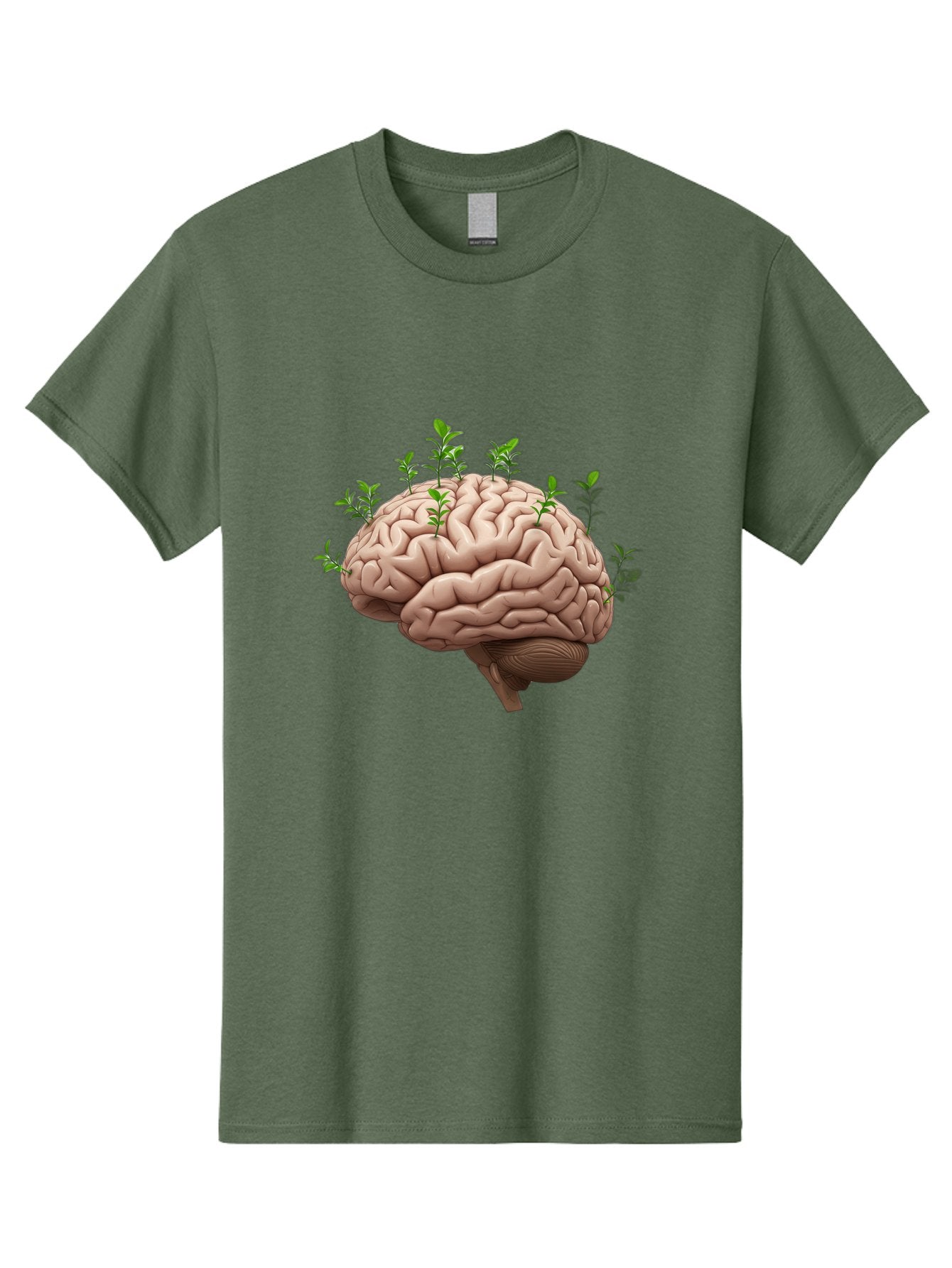 Brain-With-Sprouts Men'S Graphic Tee, 100% Cotton, Comfortable Casual Summer Wear, Machine Washable, Human Brain, Plants Growing Out, Creative Thinking, Neuroscience, Brain Function, Mental Growth, Green Shoots Bae010 12