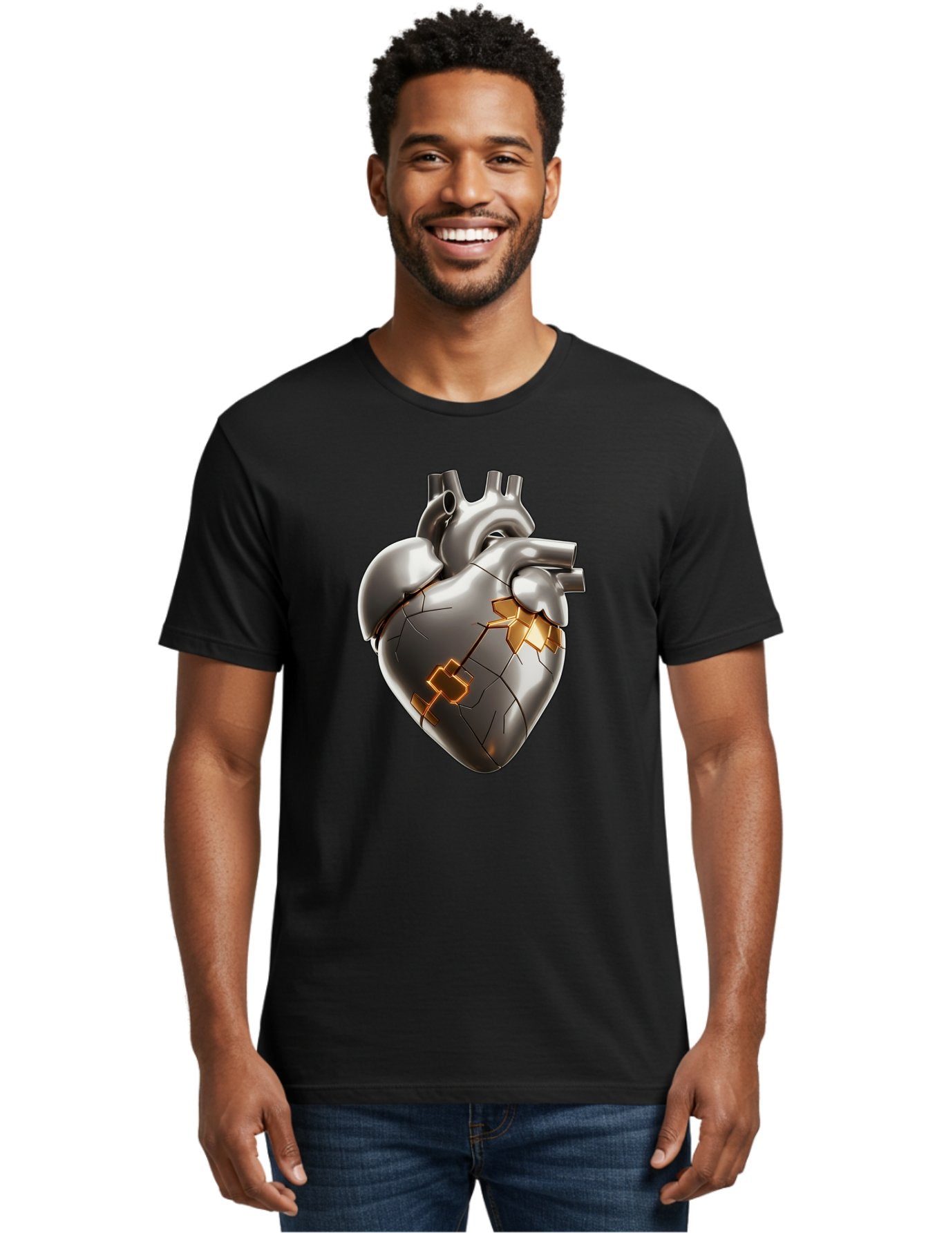 Broken-Metal-Heart Men'S Graphic Tee, 100% Cotton, Comfortable Casual Summer Wear, Machine Washable, Broken Heart, Metal Heart, Kintsugi Repair, Cracked Heart, Healing Process, Heart Repair, Metal Cracks, Golden Seams, Damaged Heart, Bae011 16