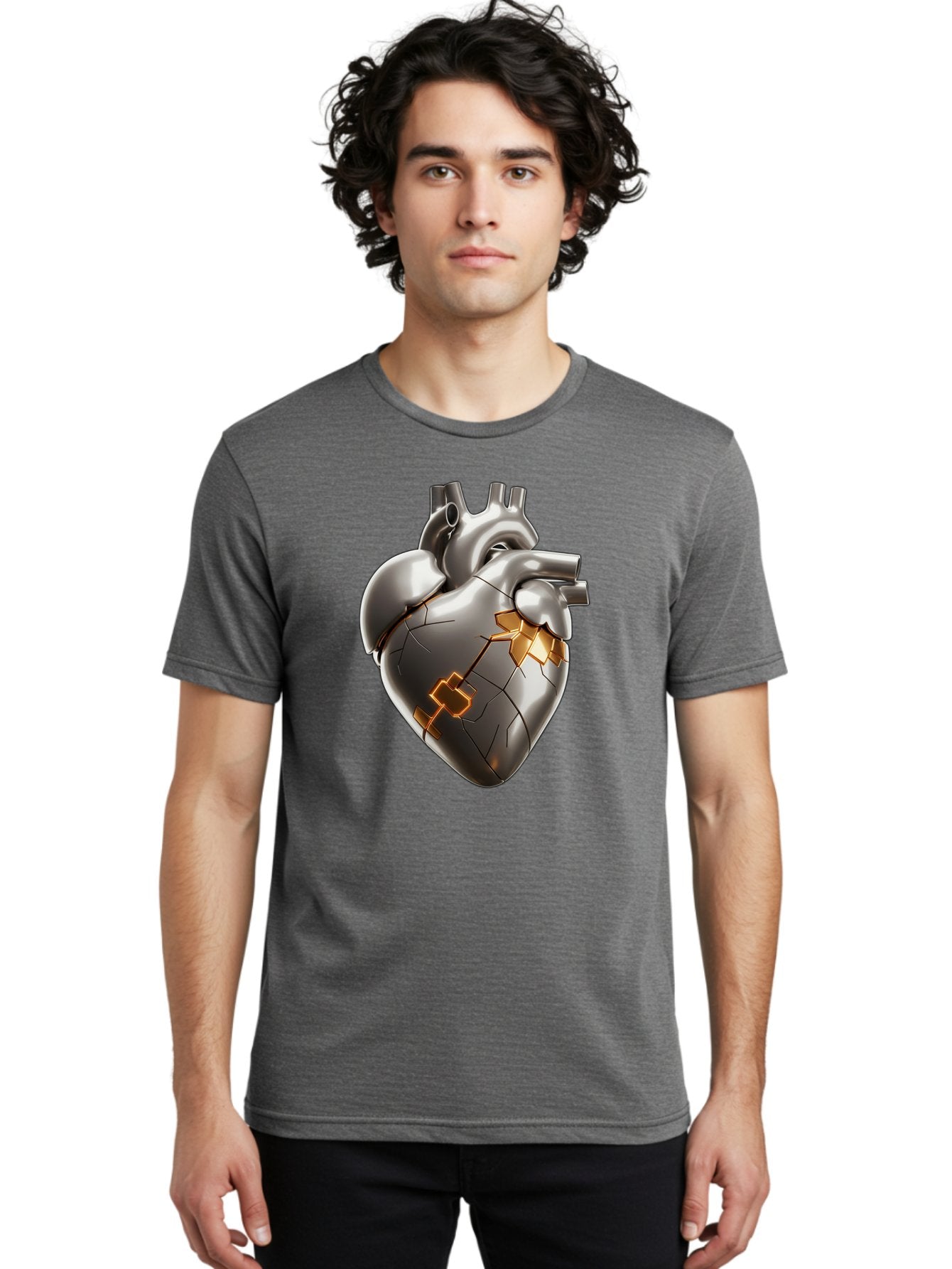 Broken-Metal-Heart Men'S Graphic Tee, 100% Cotton, Comfortable Casual Summer Wear, Machine Washable, Broken Heart, Metal Heart, Kintsugi Repair, Cracked Heart, Healing Process, Heart Repair, Metal Cracks, Golden Seams, Damaged Heart, Bae011 18