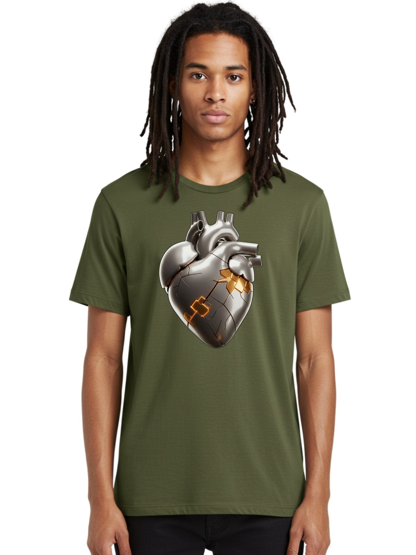 Broken-Metal-Heart Men'S Graphic Tee, 100% Cotton, Comfortable Casual Summer Wear, Machine Washable, Broken Heart, Metal Heart, Kintsugi Repair, Cracked Heart, Healing Process, Heart Repair, Metal Cracks, Golden Seams, Damaged Heart, Bae011 17