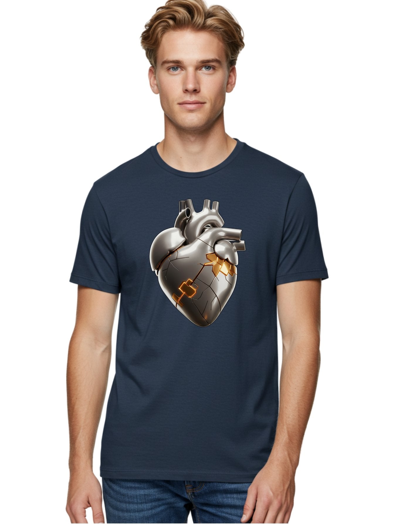 Broken-Metal-Heart Men'S Graphic Tee, 100% Cotton, Comfortable Casual Summer Wear, Machine Washable, Broken Heart, Metal Heart, Kintsugi Repair, Cracked Heart, Healing Process, Heart Repair, Metal Cracks, Golden Seams, Damaged Heart, Bae011 24