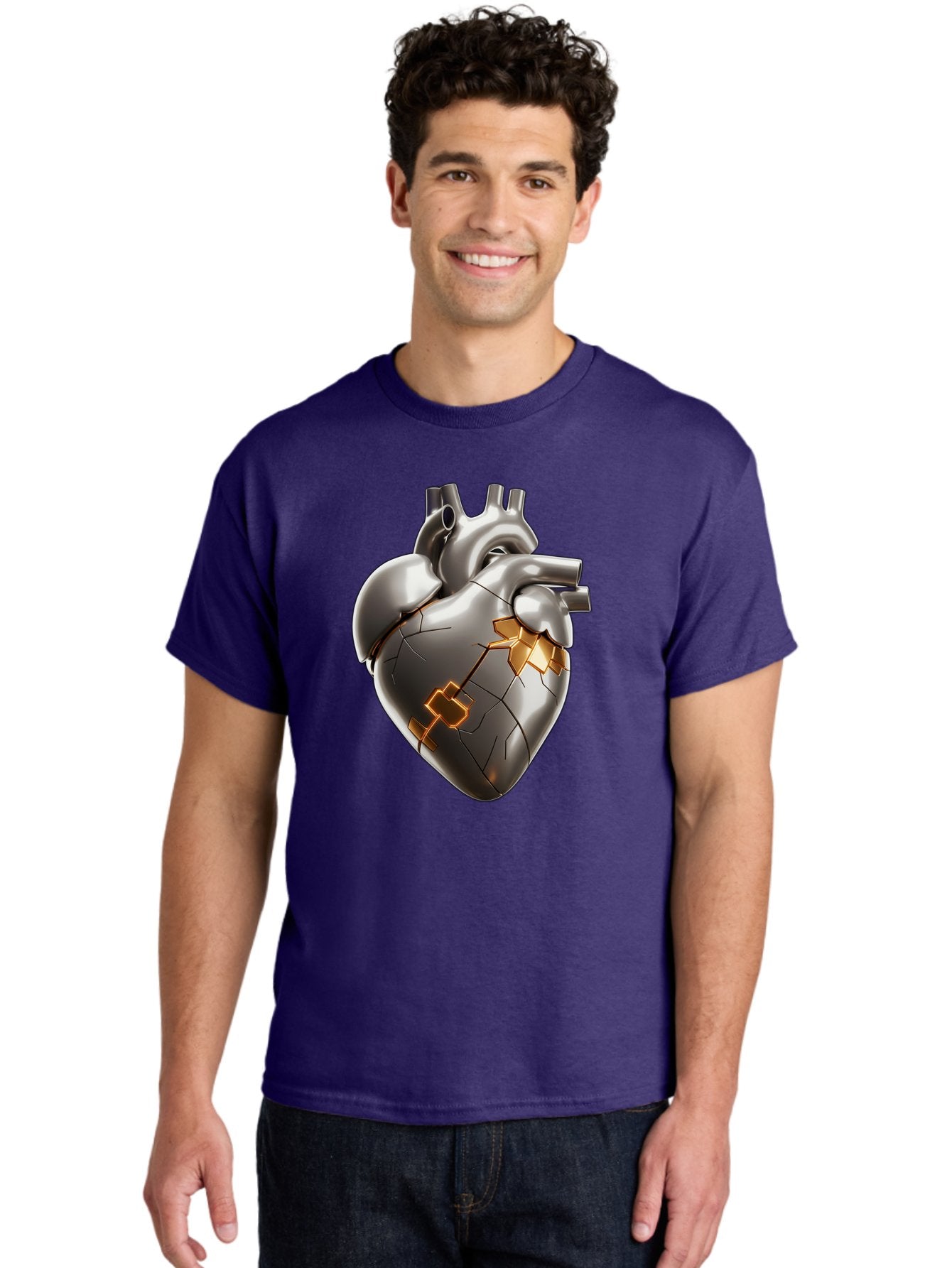 Broken-Metal-Heart Men'S Graphic Tee, 100% Cotton, Comfortable Casual Summer Wear, Machine Washable, Broken Heart, Metal Heart, Kintsugi Repair, Cracked Heart, Healing Process, Heart Repair, Metal Cracks, Golden Seams, Damaged Heart, Bae011 21