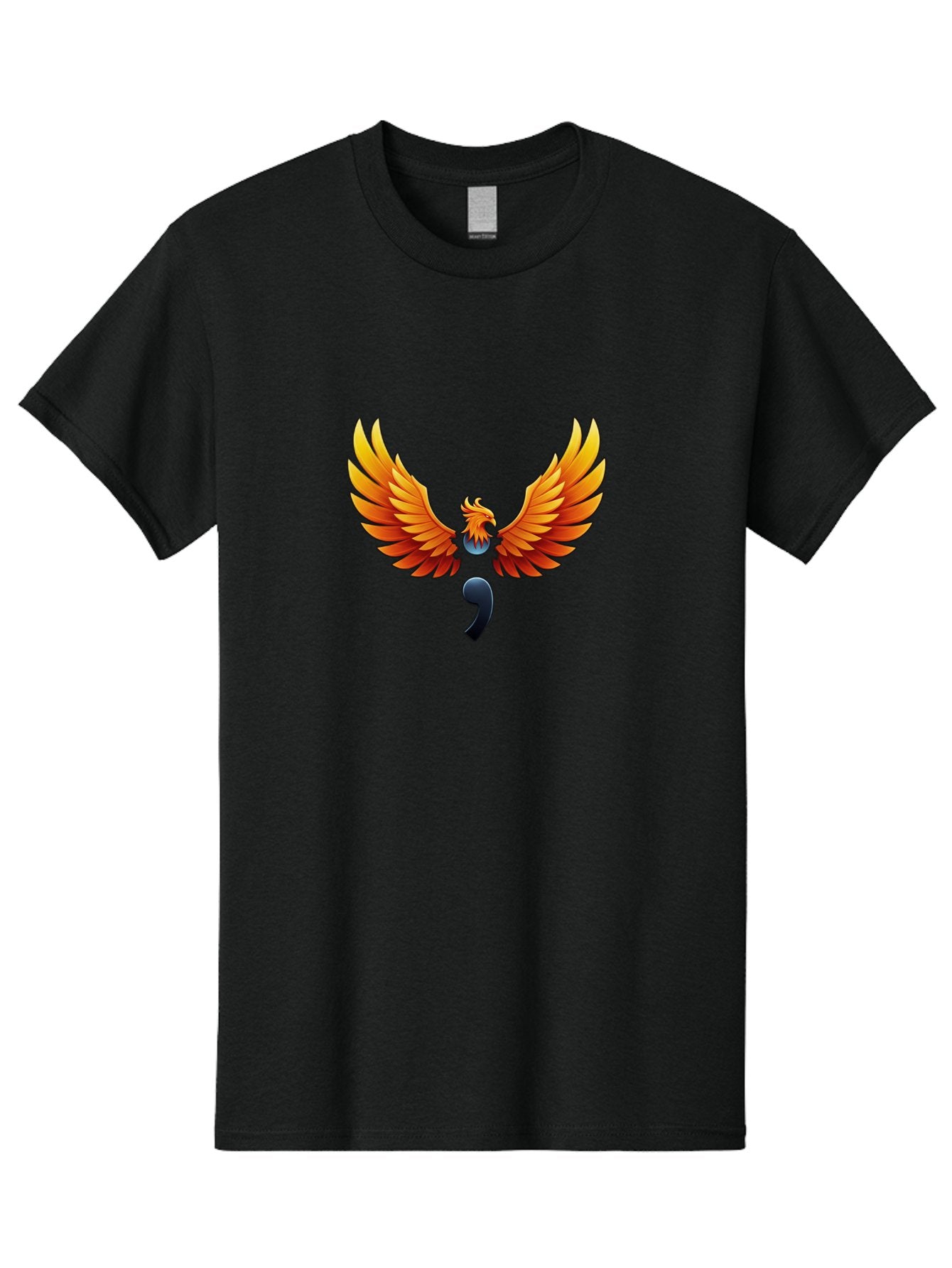 Comma-Semicolon-Phoenix Men'S Graphic Tee, 100% Cotton, Comfortable Casual Summer Wear, Machine Washable, Phoenix Rising, Fiery Bird, Orange Wings, Comma Symbol, Creative Artwork, Mythical Creature, Symbolic Representation, Vibrant Graphics, Bae012 8