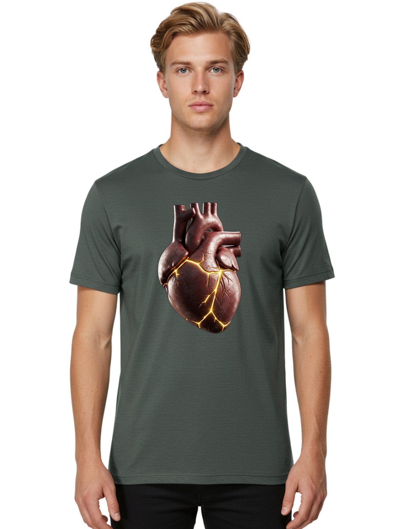 Cracked-Heart-1 Men'S Graphic Tee, 100% Cotton, Comfortable Casual Summer Wear, Machine Washable, Human Heart, Broken Heart, Cracked Heart, Emotional Pain, Heartbreak, Cracked Effect, Yellow Cracks, Heart Illustration, Cardiac Health Bae014 28