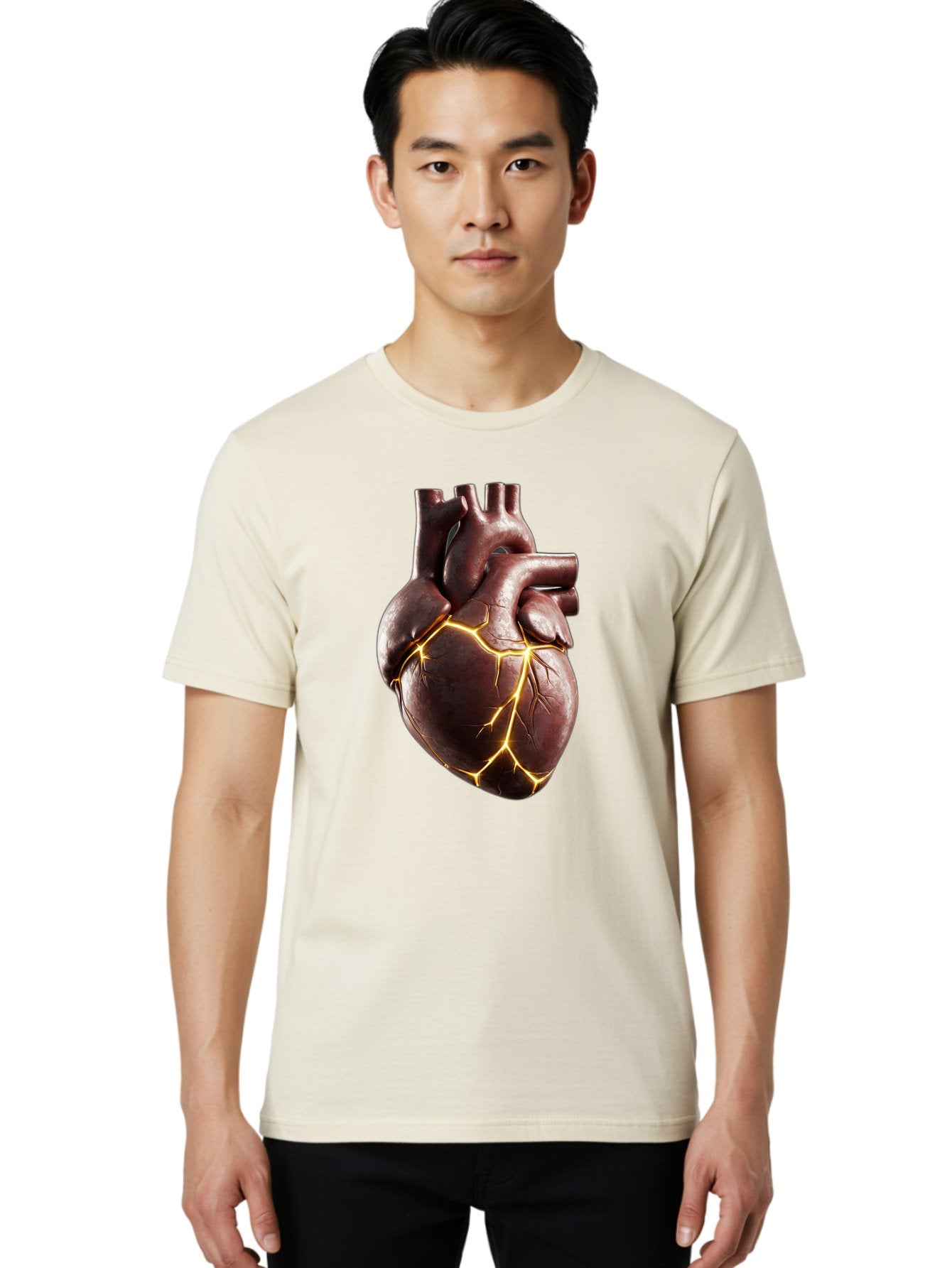 Cracked-Heart-1 Men'S Graphic Tee, 100% Cotton, Comfortable Casual Summer Wear, Machine Washable, Human Heart, Broken Heart, Cracked Heart, Emotional Pain, Heartbreak, Cracked Effect, Yellow Cracks, Heart Illustration, Cardiac Health Bae014 24