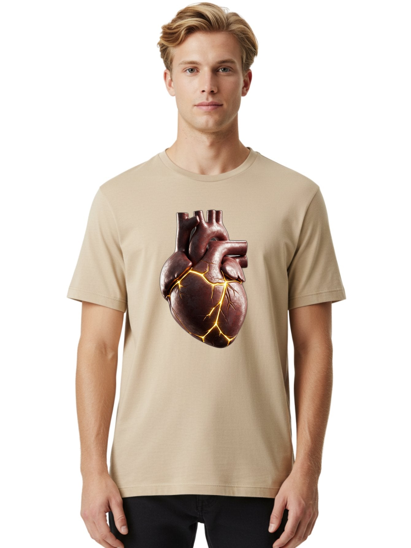 Cracked-Heart-1 Men'S Graphic Tee, 100% Cotton, Comfortable Casual Summer Wear, Machine Washable, Human Heart, Broken Heart, Cracked Heart, Emotional Pain, Heartbreak, Cracked Effect, Yellow Cracks, Heart Illustration, Cardiac Health Bae014 17