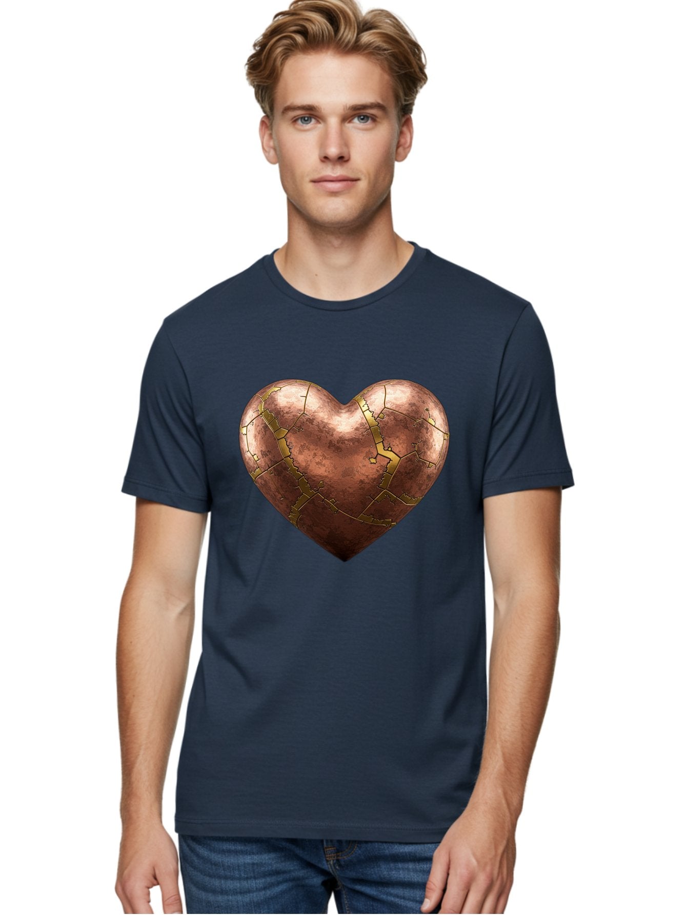 Cracked-Heart-2 Men'S Graphic Tee, 100% Cotton, Comfortable Casual Summer Wear, Machine Washable, Kintsugi Heart, Broken Heart, Cracked Heart, Heart Symbol, Repair, Restoration, Love, Heartbreak, Symbolism, Metaphor, Art, Gold, Broken Pieces Bae015 25