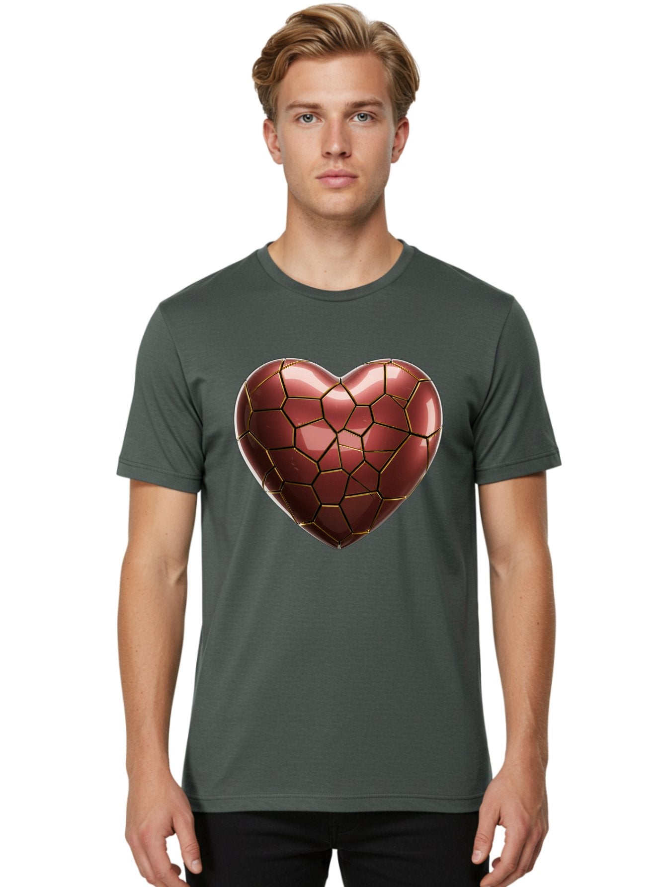 Cracked-Heart Men'S Graphic Tee, 100% Cotton, Comfortable Casual Summer Wear, Machine Washable, Mosaic Heart, Red Heart, Geometric Pattern, Cracked Heart, Love Symbol, Broken Heart, Heart Art, Valentines Day, Mosaic Art, Red Mosaic, Bae016 21