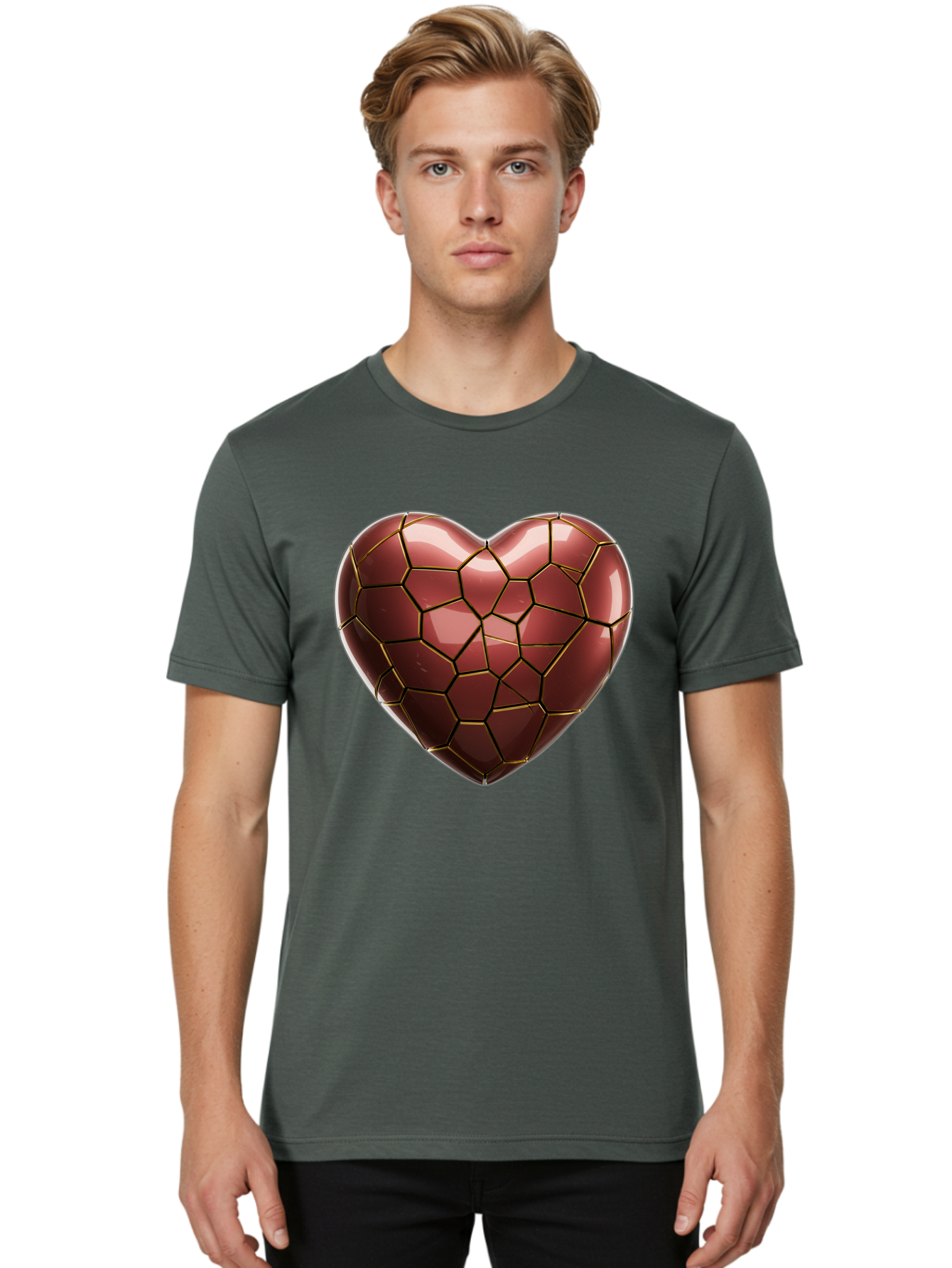 Cracked-Heart Men'S Graphic Tee, 100% Cotton, Comfortable Casual Summer Wear, Machine Washable, Mosaic Heart, Red Heart, Geometric Pattern, Cracked Heart, Love Symbol, Broken Heart, Heart Art, Valentines Day, Mosaic Art, Red Mosaic, Bae016 25