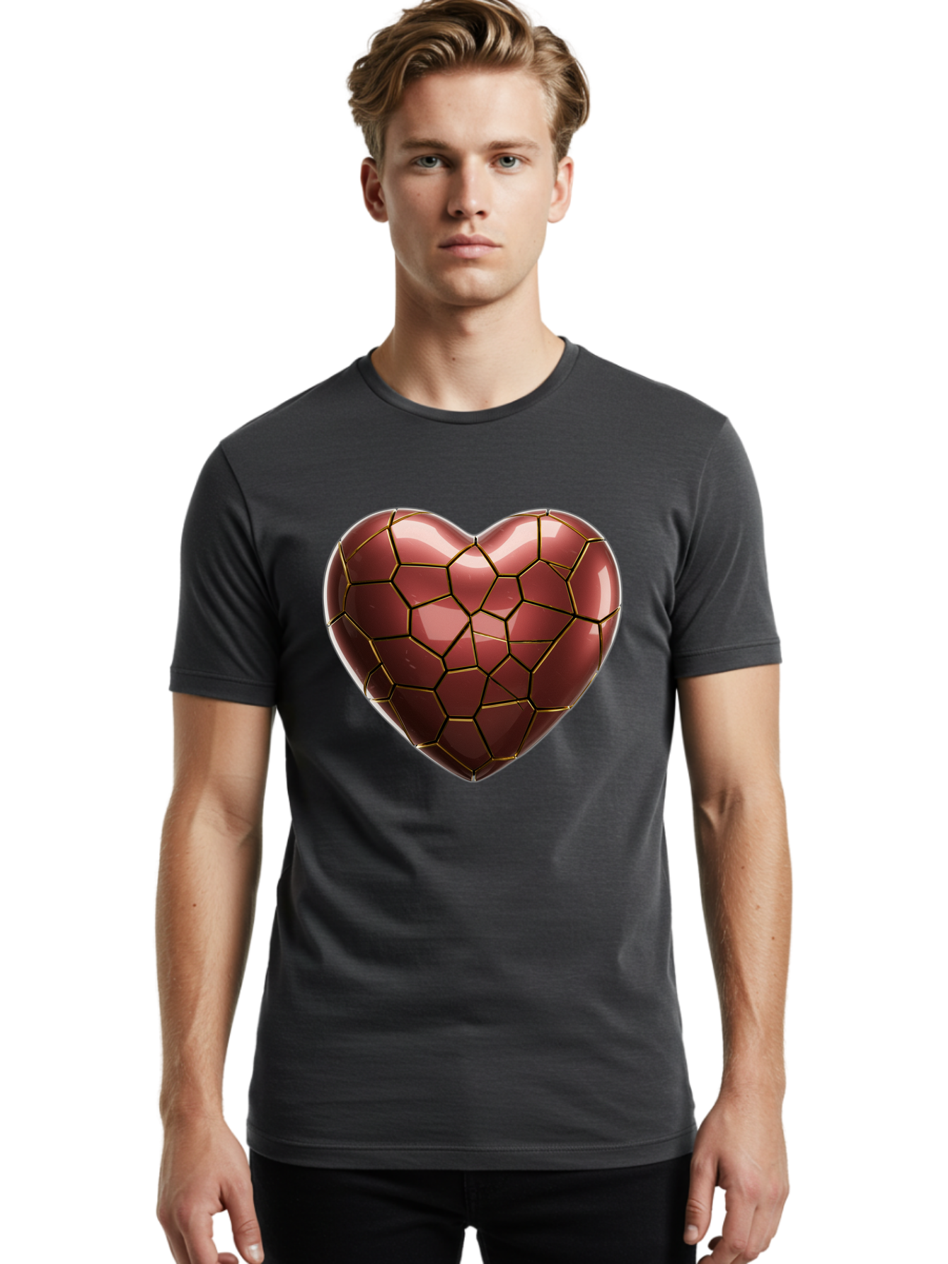 Cracked-Heart Men'S Graphic Tee, 100% Cotton, Comfortable Casual Summer Wear, Machine Washable, Mosaic Heart, Red Heart, Geometric Pattern, Cracked Heart, Love Symbol, Broken Heart, Heart Art, Valentines Day, Mosaic Art, Red Mosaic, Bae016 24