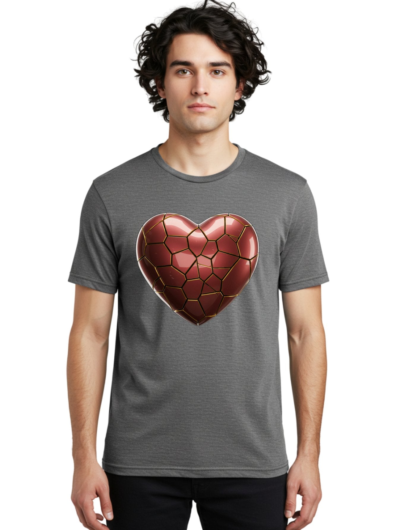 Cracked-Heart Men'S Graphic Tee, 100% Cotton, Comfortable Casual Summer Wear, Machine Washable, Mosaic Heart, Red Heart, Geometric Pattern, Cracked Heart, Love Symbol, Broken Heart, Heart Art, Valentines Day, Mosaic Art, Red Mosaic, Bae016 25