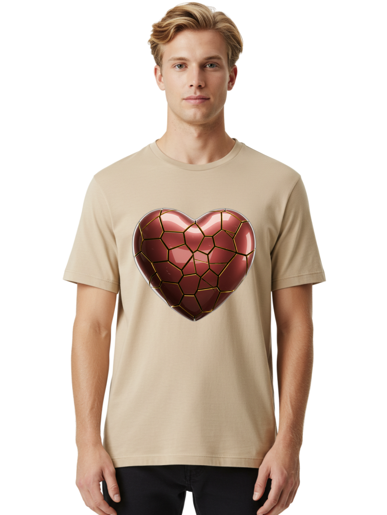 Cracked-Heart Men'S Graphic Tee, 100% Cotton, Comfortable Casual Summer Wear, Machine Washable, Mosaic Heart, Red Heart, Geometric Pattern, Cracked Heart, Love Symbol, Broken Heart, Heart Art, Valentines Day, Mosaic Art, Red Mosaic, Bae016 26