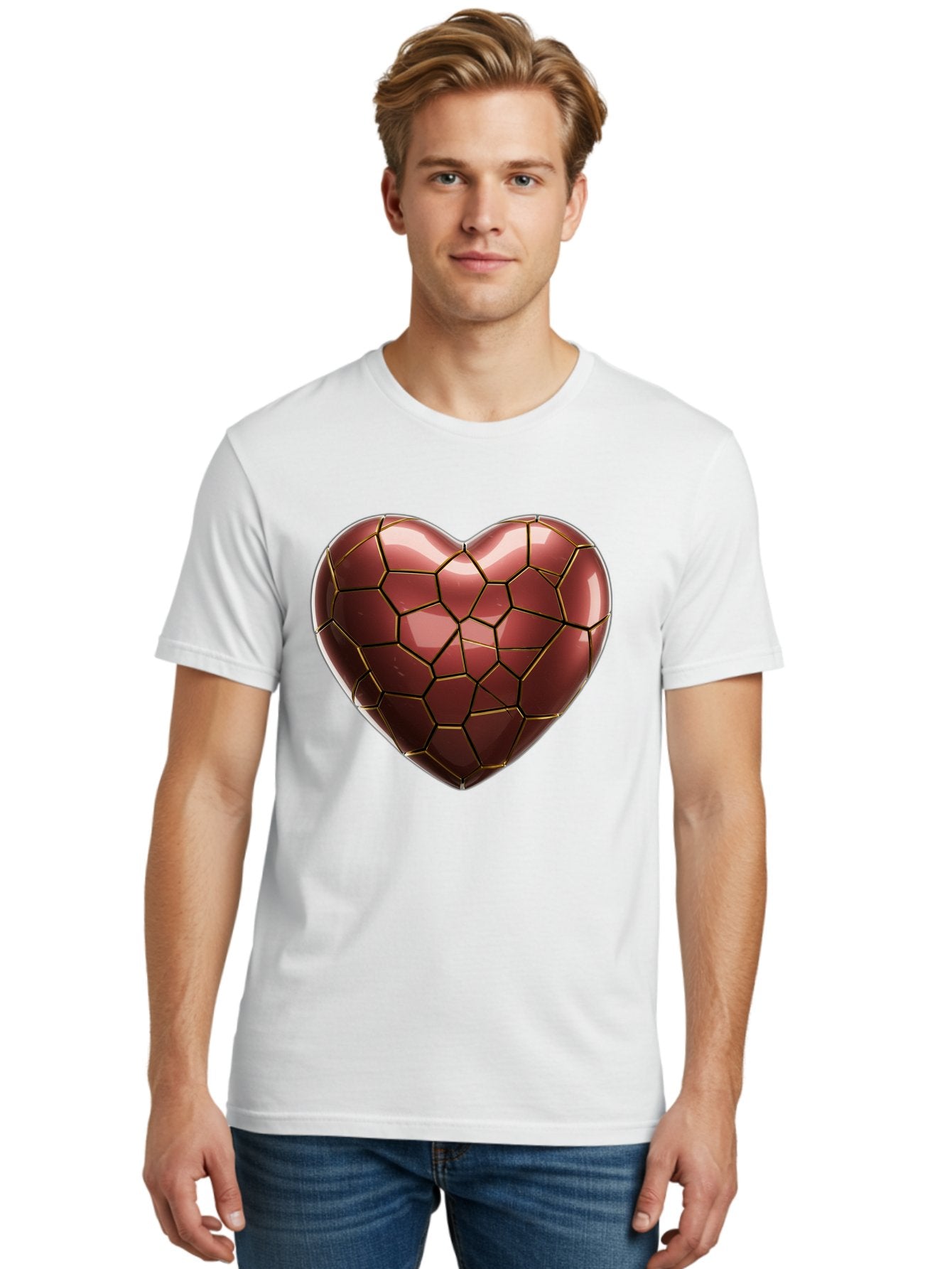 Cracked-Heart Men'S Graphic Tee, 100% Cotton, Comfortable Casual Summer Wear, Machine Washable, Mosaic Heart, Red Heart, Geometric Pattern, Cracked Heart, Love Symbol, Broken Heart, Heart Art, Valentines Day, Mosaic Art, Red Mosaic, Bae016 28