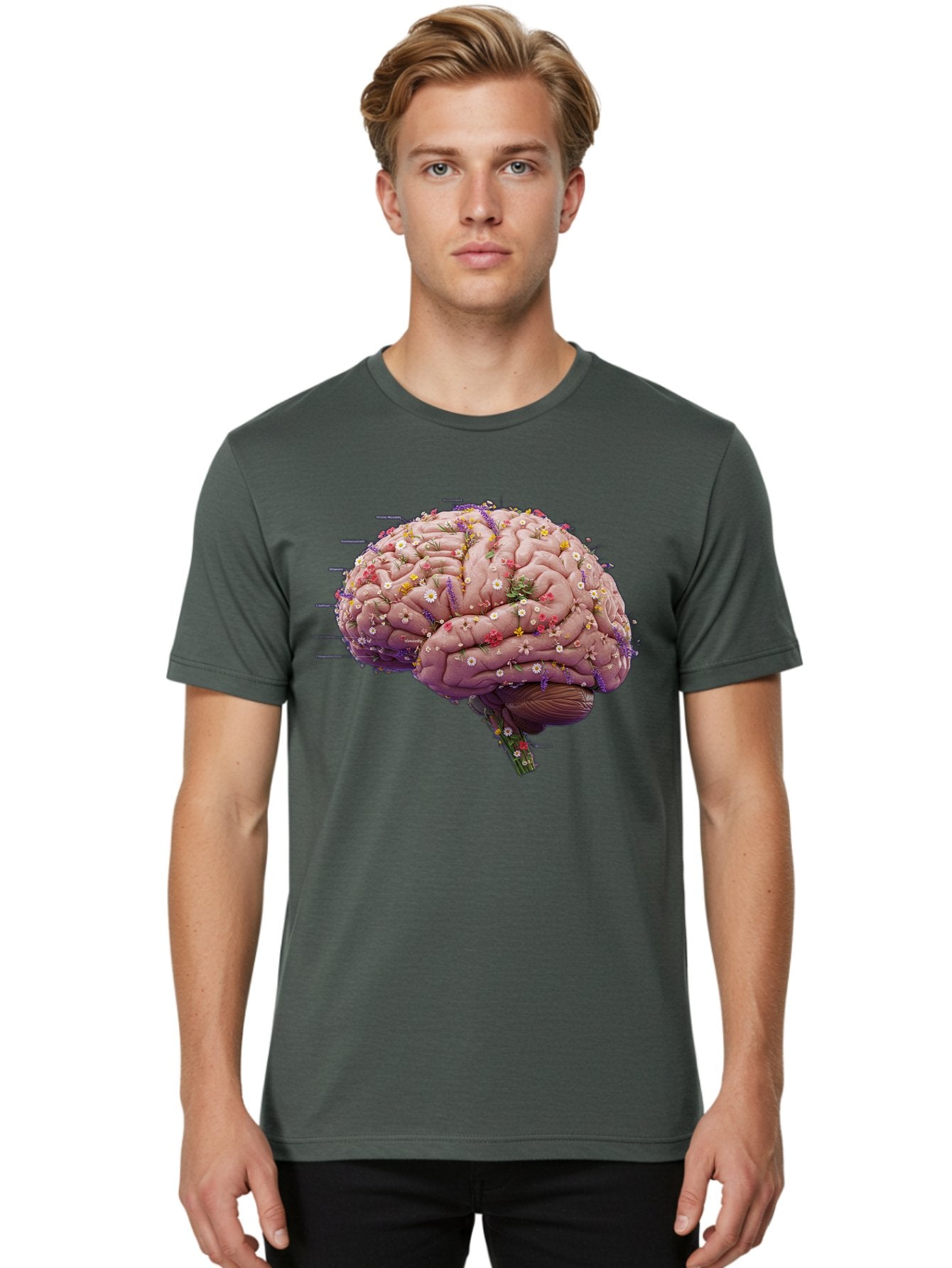 Floral-Brain-1 Men'S Graphic Tee, 100% Cotton, Comfortable Casual Summer Wear, Machine Washable, Human Brain, Flowers, Creativity, Inspiration, Imagination, Colorful, Vibrant, Brain Function, Neuroscience, Mental Health, Wellness Bae019 27