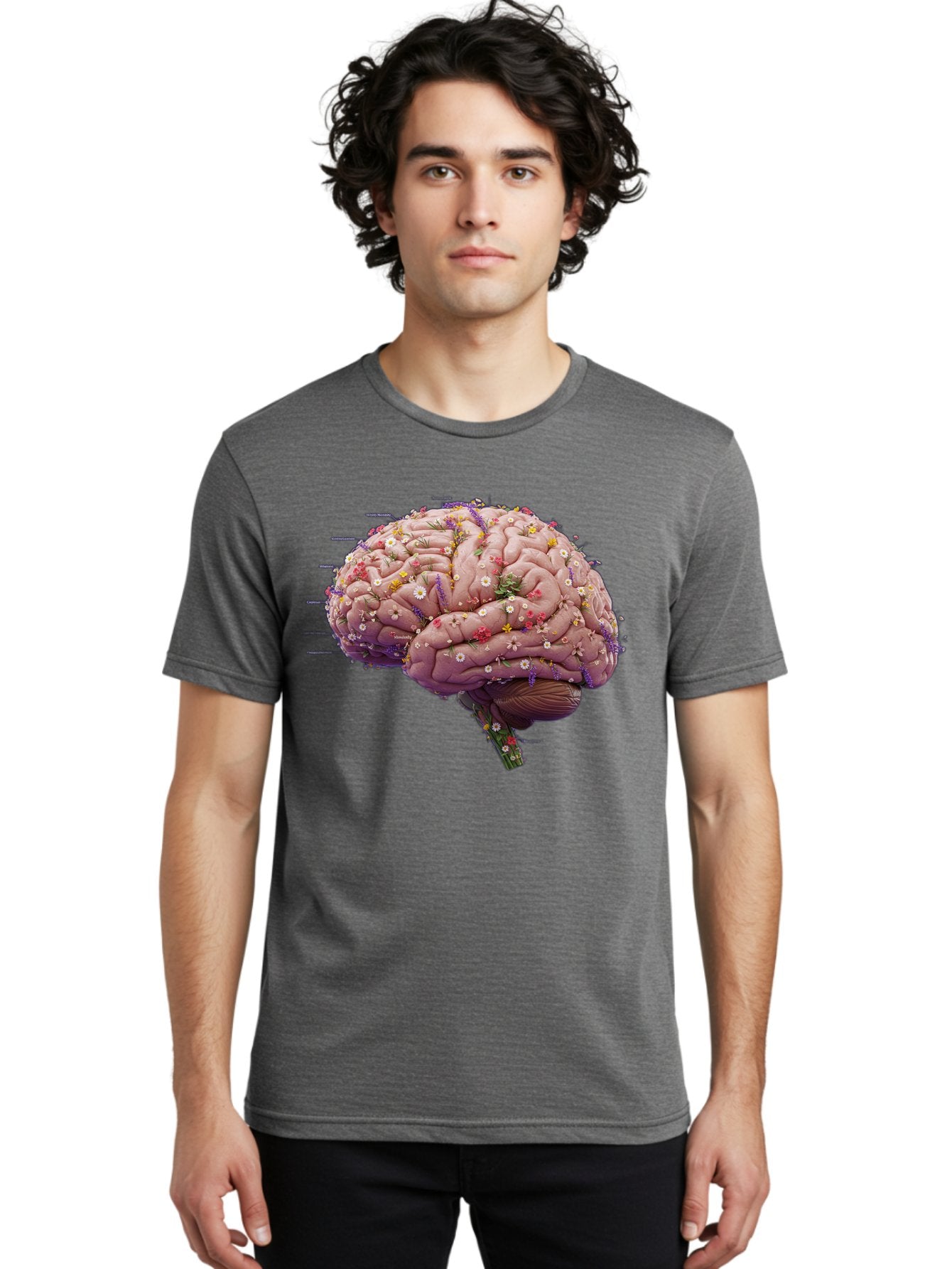 Floral-Brain-1 Men'S Graphic Tee, 100% Cotton, Comfortable Casual Summer Wear, Machine Washable, Human Brain, Flowers, Creativity, Inspiration, Imagination, Colorful, Vibrant, Brain Function, Neuroscience, Mental Health, Wellness Bae019 28