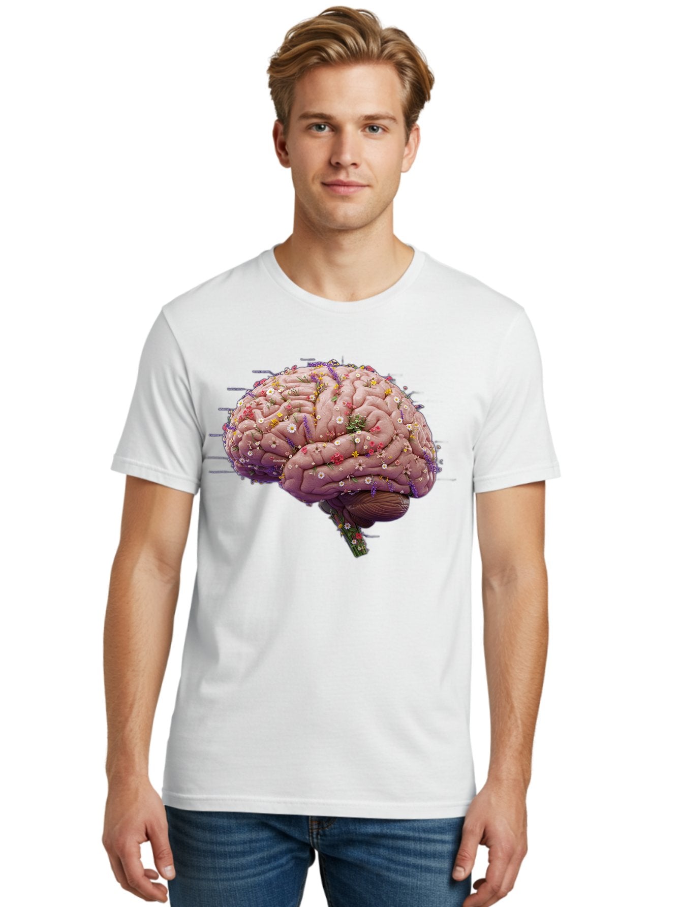 Floral-Brain-1 Men'S Graphic Tee, 100% Cotton, Comfortable Casual Summer Wear, Machine Washable, Human Brain, Flowers, Creativity, Inspiration, Imagination, Colorful, Vibrant, Brain Function, Neuroscience, Mental Health, Wellness Bae019 25