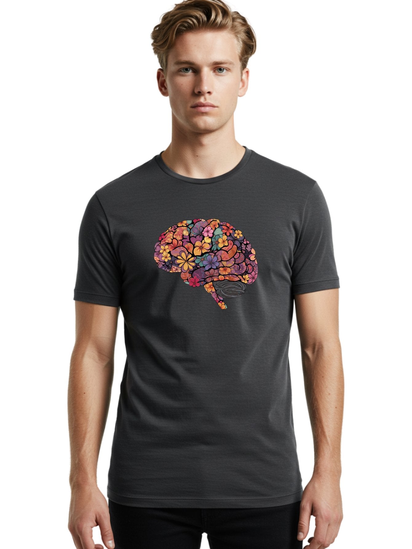 Floral-Brain Men'S Graphic Tee, 100% Cotton, Comfortable Casual Summer Wear, Machine Washable, Human Brain, Floral Patterns, Colorful Illustration, Creative Art, Mental Health Awareness, Brain Illustration, Vibrant Flowers, Abstract Design, Bae020 28
