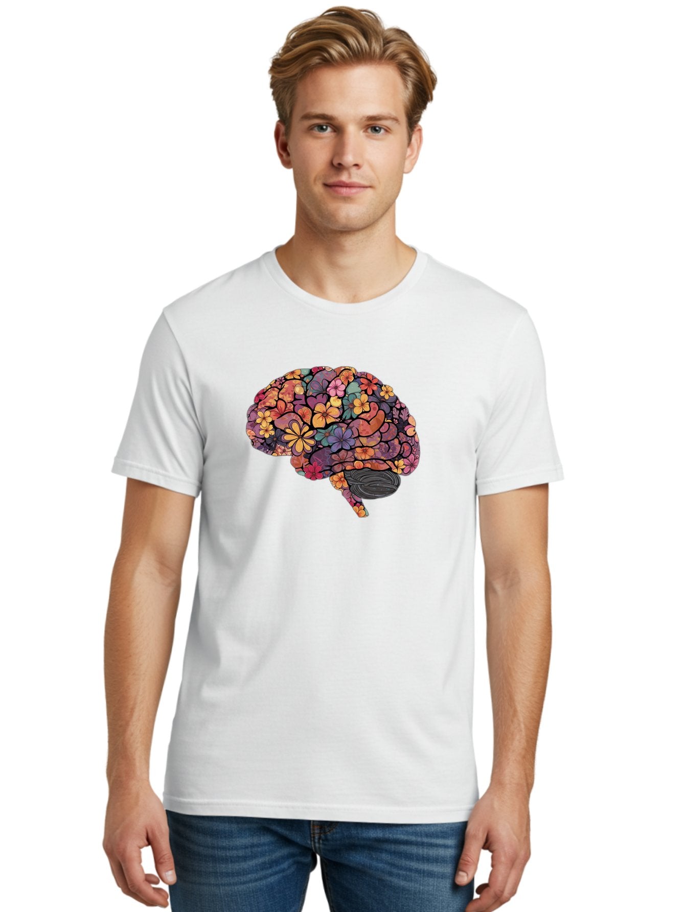Floral-Brain Men'S Graphic Tee, 100% Cotton, Comfortable Casual Summer Wear, Machine Washable, Human Brain, Floral Patterns, Colorful Illustration, Creative Art, Mental Health Awareness, Brain Illustration, Vibrant Flowers, Abstract Design, Bae020 21