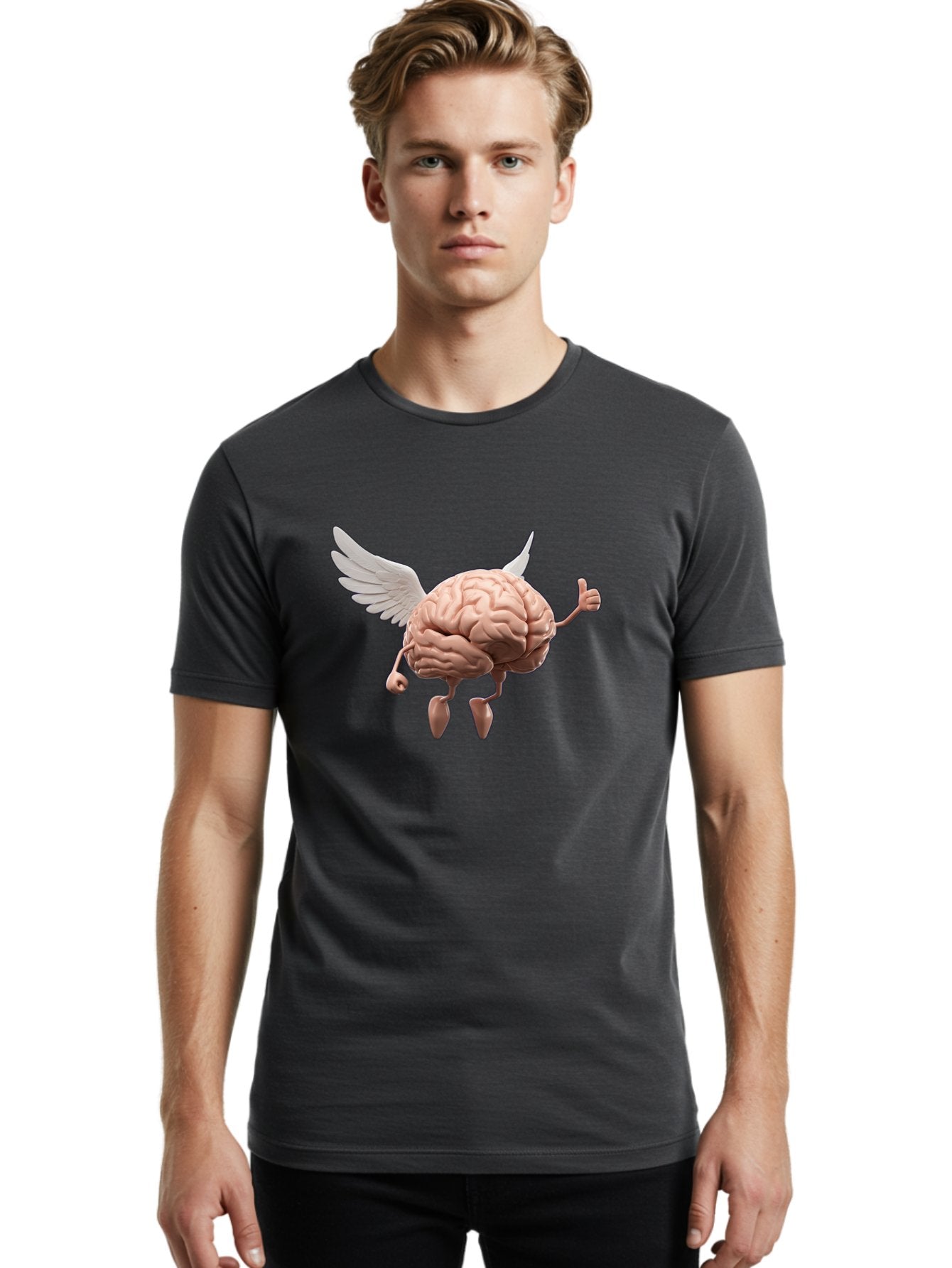 Flying-Brain Men'S Graphic Tee, 100% Cotton, Comfortable Casual Summer Wear, Machine Washable, Human Brain With Wings, Anthropomorphic Brain, Thumbs Up Gesture, Digital Art, Cartoon Style, Creative Illustration, Winged Brain, Brain With Horns Bae021 30