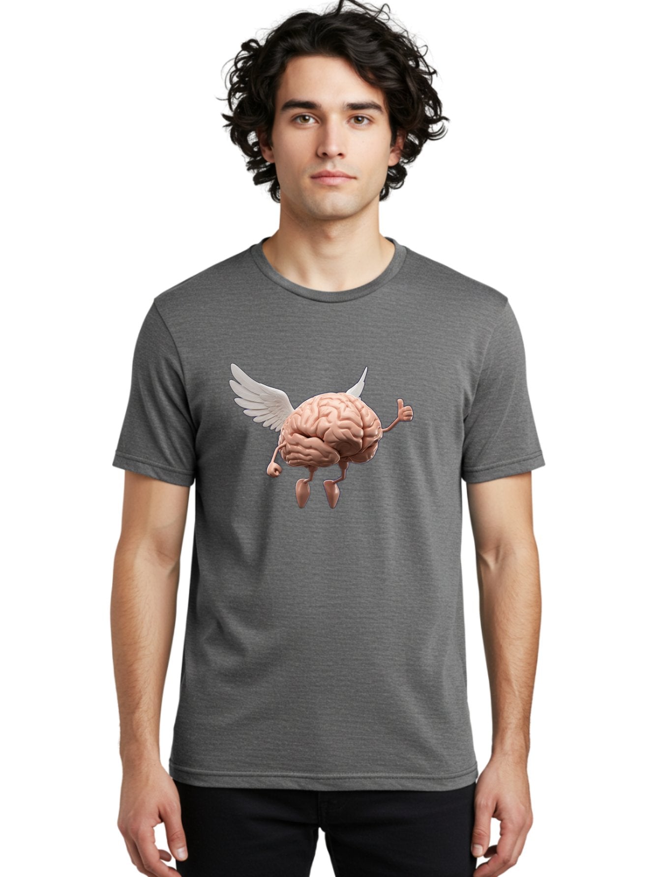 Flying-Brain Men'S Graphic Tee, 100% Cotton, Comfortable Casual Summer Wear, Machine Washable, Human Brain With Wings, Anthropomorphic Brain, Thumbs Up Gesture, Digital Art, Cartoon Style, Creative Illustration, Winged Brain, Brain With Horns Bae021 23