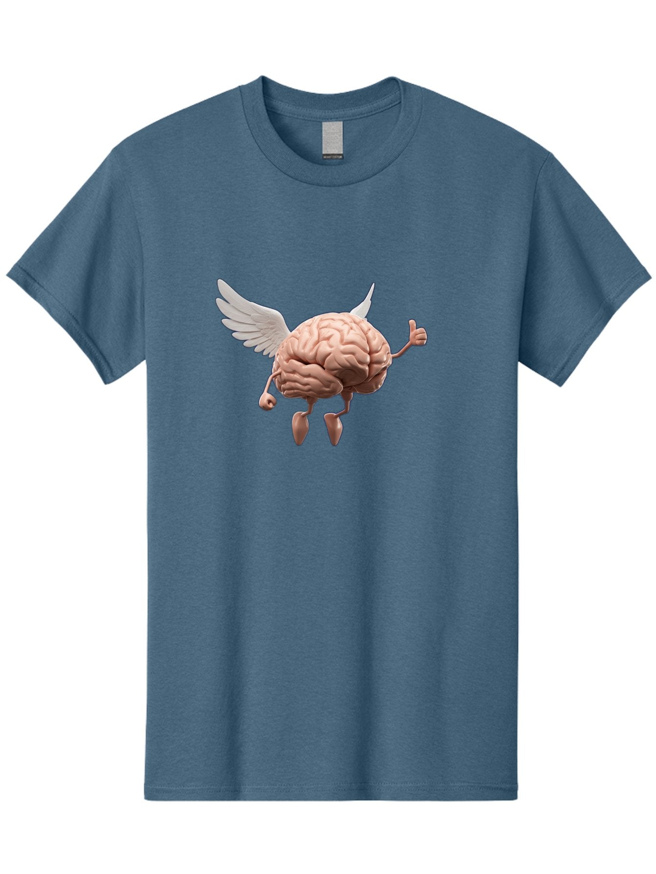 Flying-Brain Men'S Graphic Tee, 100% Cotton, Comfortable Casual Summer Wear, Machine Washable, Human Brain With Wings, Anthropomorphic Brain, Thumbs Up Gesture, Digital Art, Cartoon Style, Creative Illustration, Winged Brain, Brain With Horns Bae021