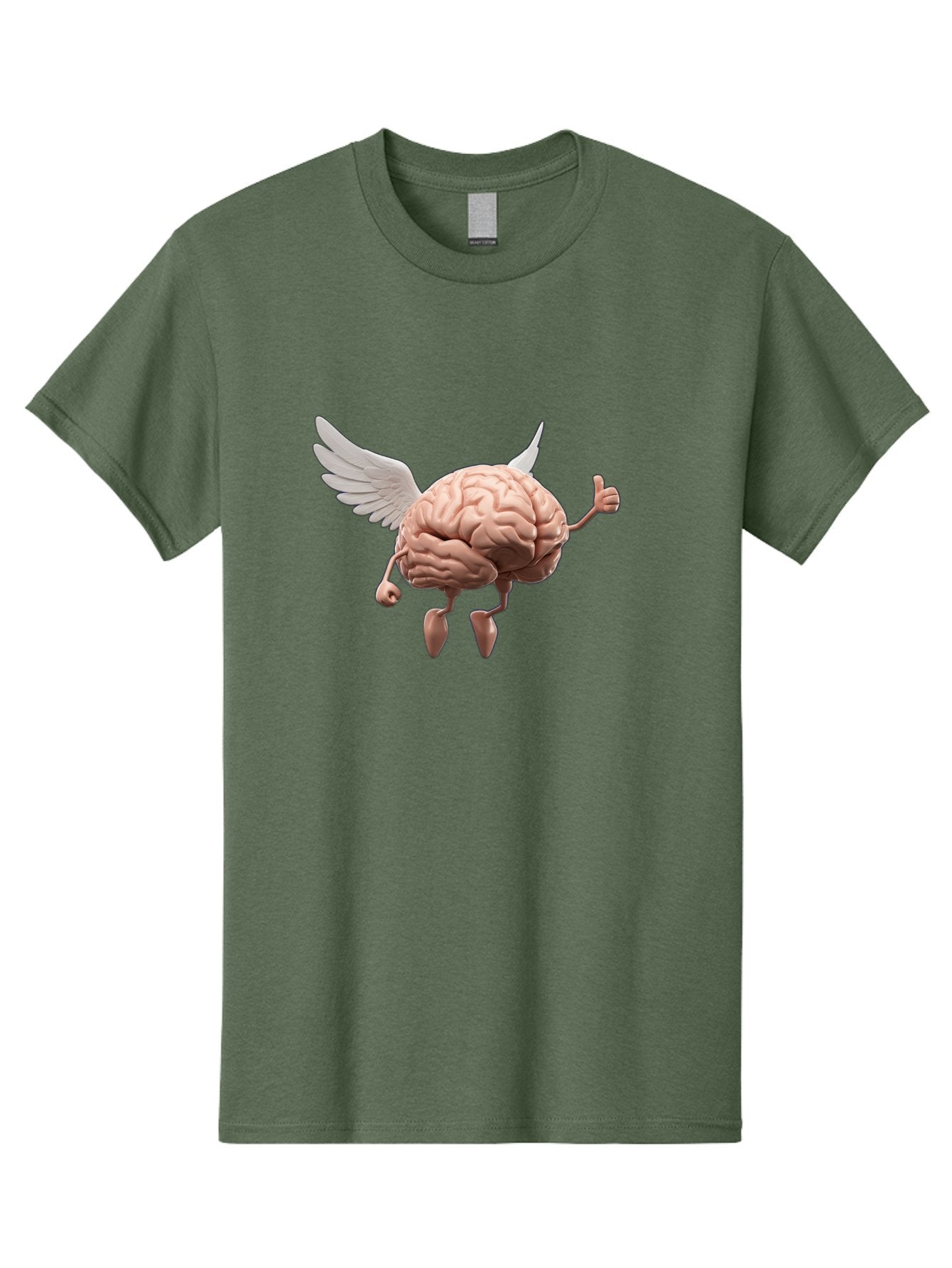Flying-Brain Men'S Graphic Tee, 100% Cotton, Comfortable Casual Summer Wear, Machine Washable, Human Brain With Wings, Anthropomorphic Brain, Thumbs Up Gesture, Digital Art, Cartoon Style, Creative Illustration, Winged Brain, Brain With Horns Bae021