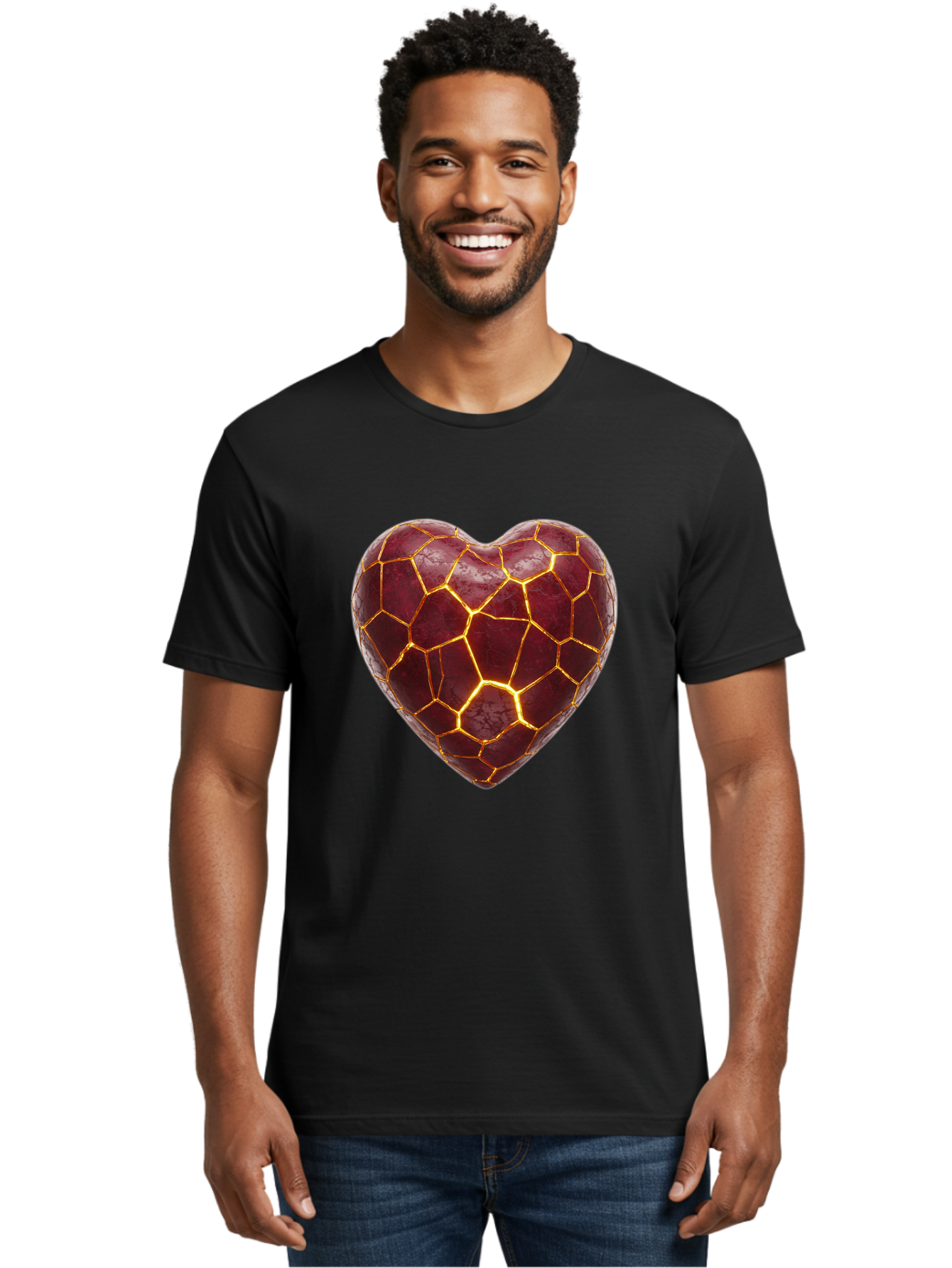 Glowing-Heart-Mosaic Men'S Graphic Tee, 100% Cotton, Comfortable Casual Summer Wear, Machine Washable, Heart Shape, Cracked Surface, Golden Veins, Love Symbol, Abstract Design, Fractured Heart, Emotional Representation, Unique Texture, Bae022 28