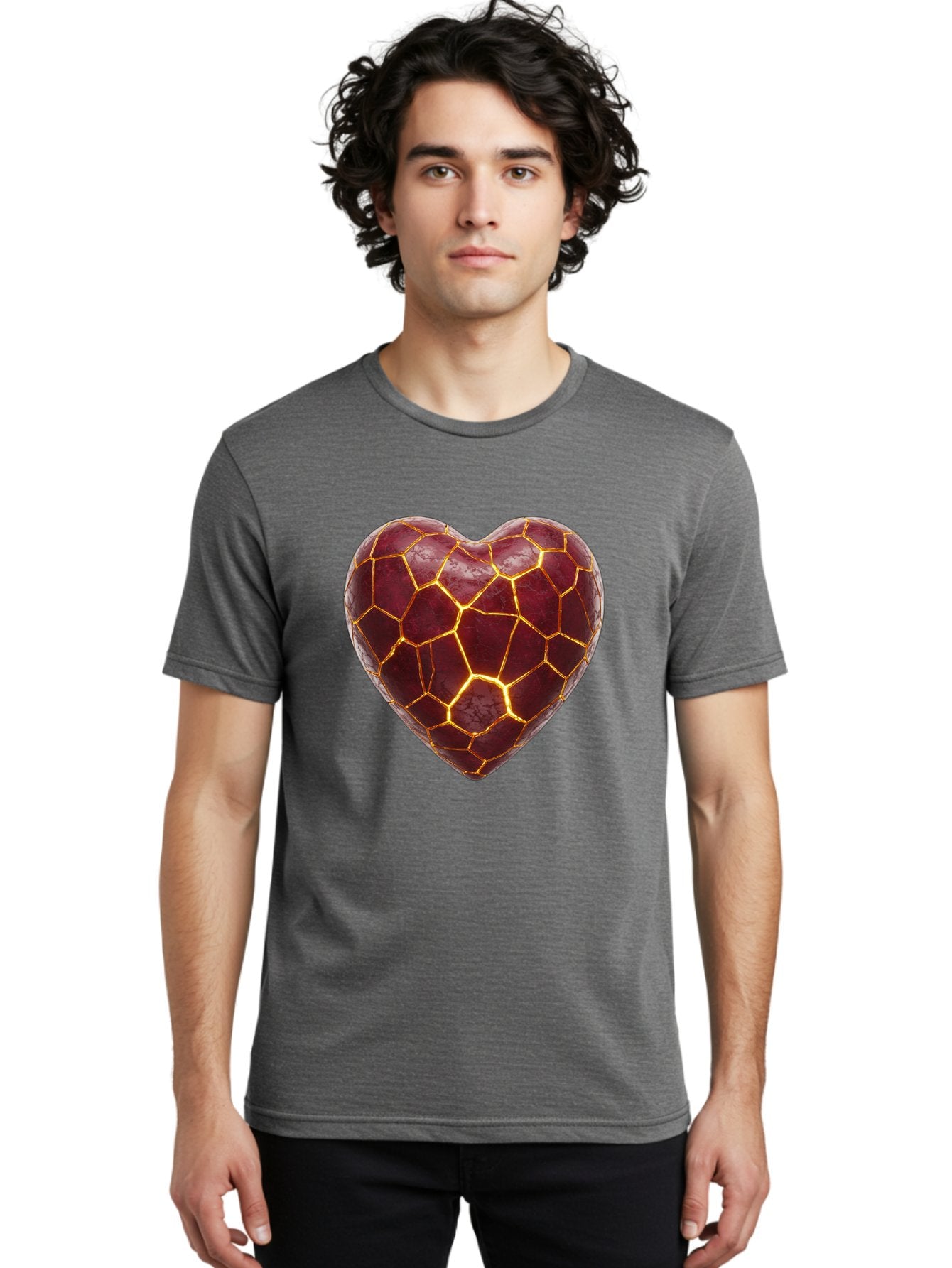 Glowing-Heart-Mosaic Men'S Graphic Tee, 100% Cotton, Comfortable Casual Summer Wear, Machine Washable, Heart Shape, Cracked Surface, Golden Veins, Love Symbol, Abstract Design, Fractured Heart, Emotional Representation, Unique Texture, Bae022 17