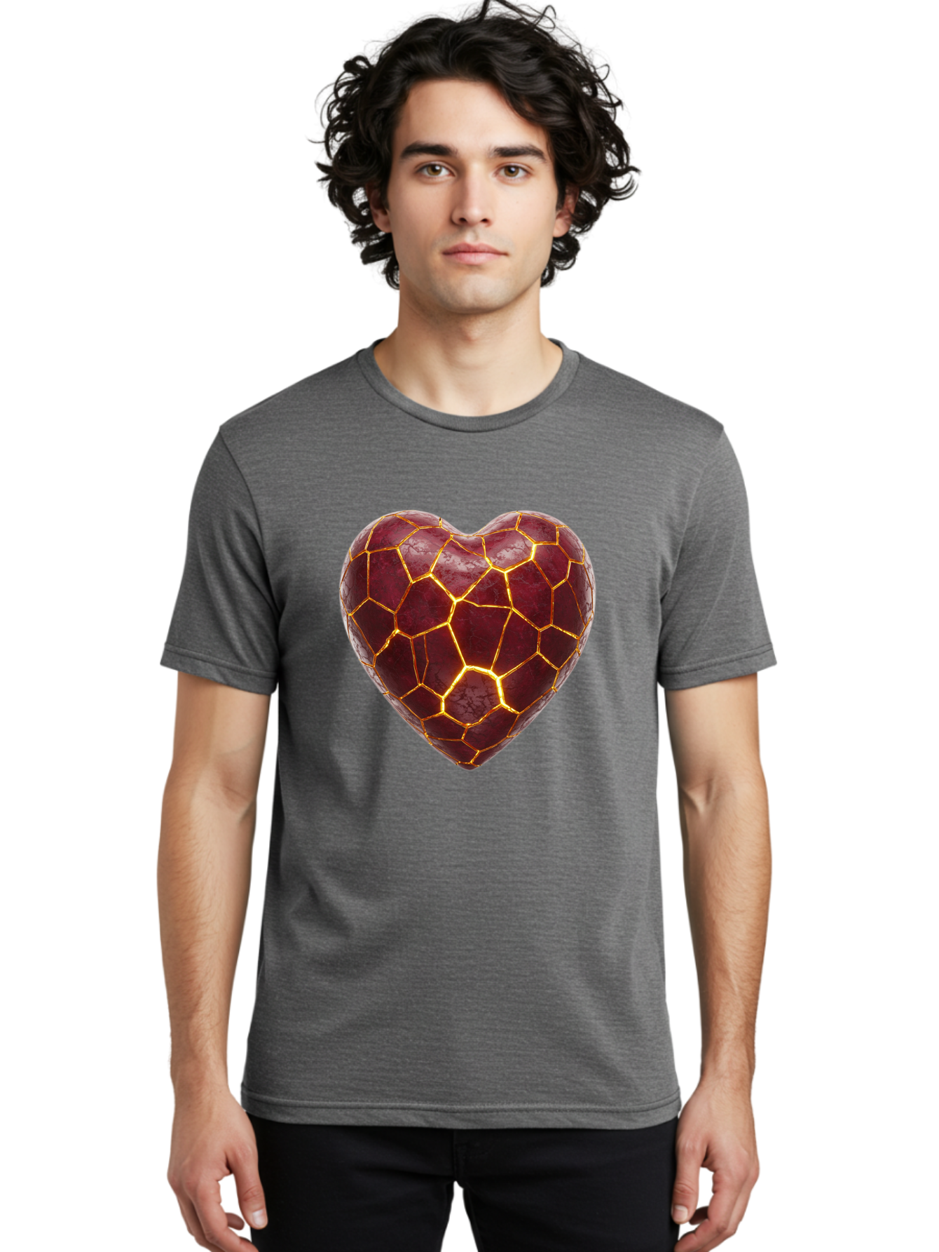 Glowing-Heart-Mosaic Men'S Graphic Tee, 100% Cotton, Comfortable Casual Summer Wear, Machine Washable, Heart Shape, Cracked Surface, Golden Veins, Love Symbol, Abstract Design, Fractured Heart, Emotional Representation, Unique Texture, Bae022 29