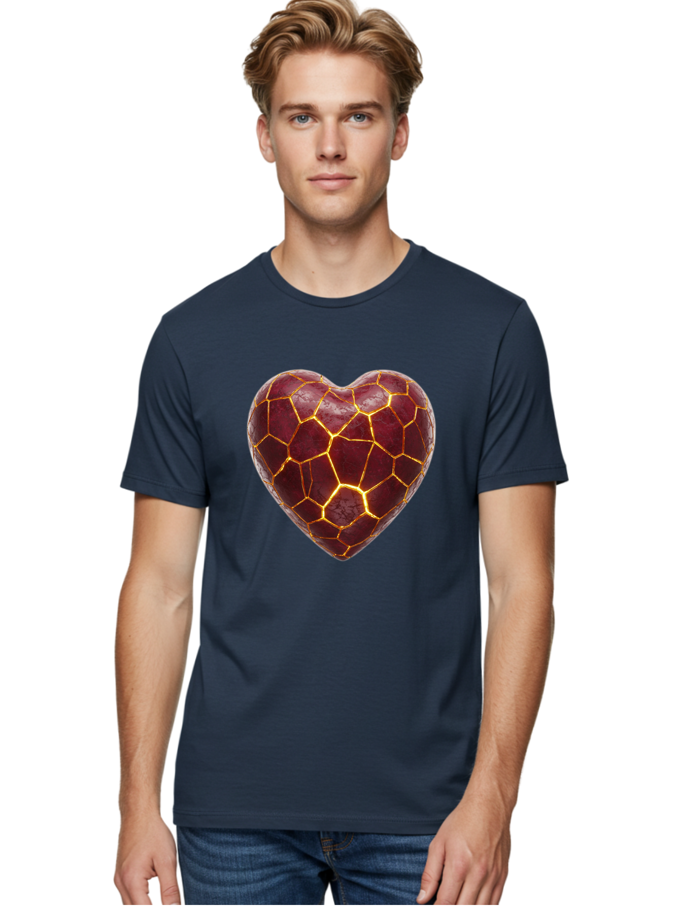 Glowing-Heart-Mosaic Men'S Graphic Tee, 100% Cotton, Comfortable Casual Summer Wear, Machine Washable, Heart Shape, Cracked Surface, Golden Veins, Love Symbol, Abstract Design, Fractured Heart, Emotional Representation, Unique Texture, Bae022 19