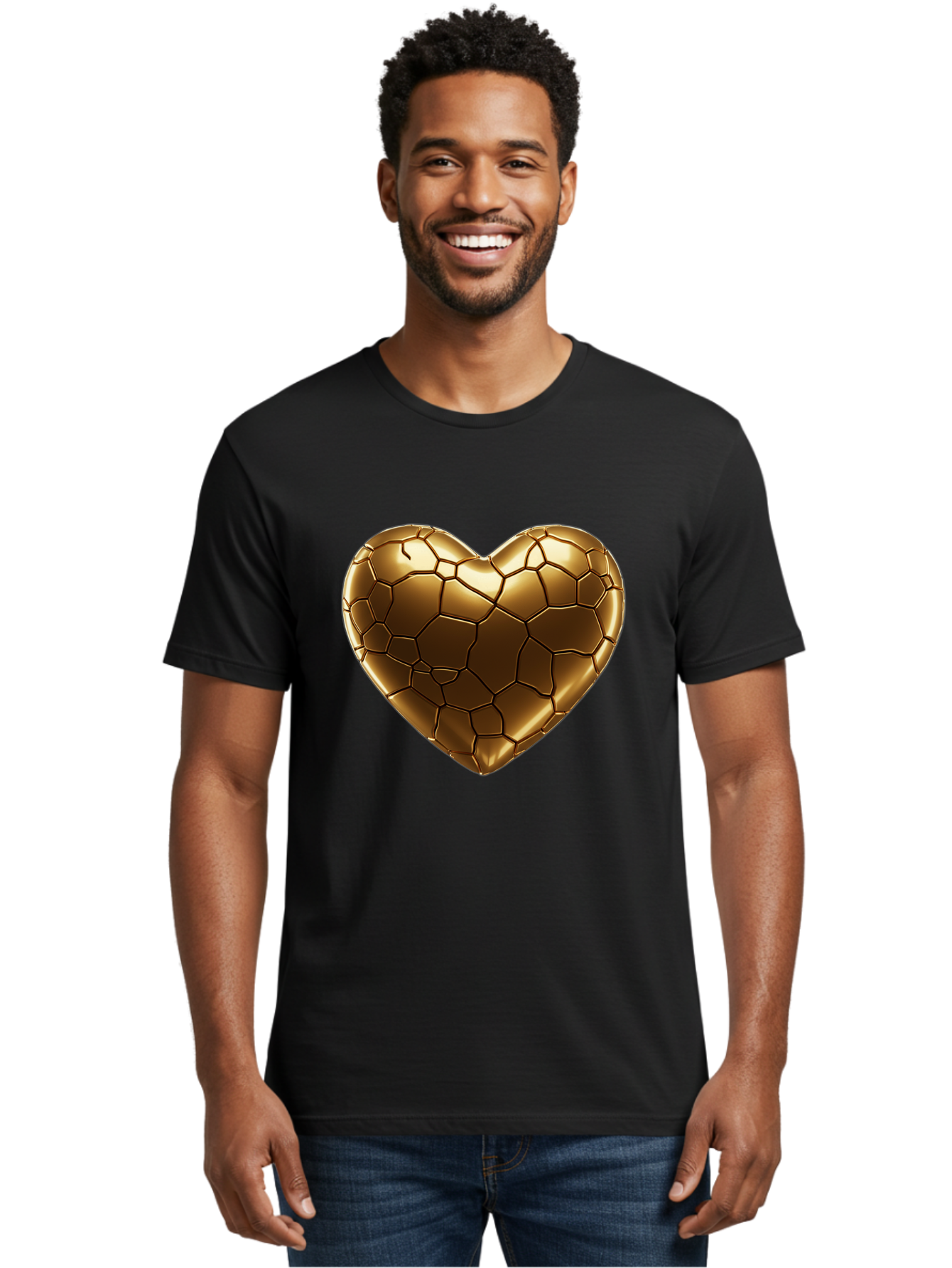 Gold-Heart Men'S Graphic Tee, 100% Cotton, Comfortable Casual Summer Wear, Machine Washable, Gold Heart, Mosaic Pattern, Heart-Shaped, Geometric Design, Luxury, Gold Finish, 3D Rendering, Cracked Pattern, Valentine'S Day, Love Symbol Bae023 26