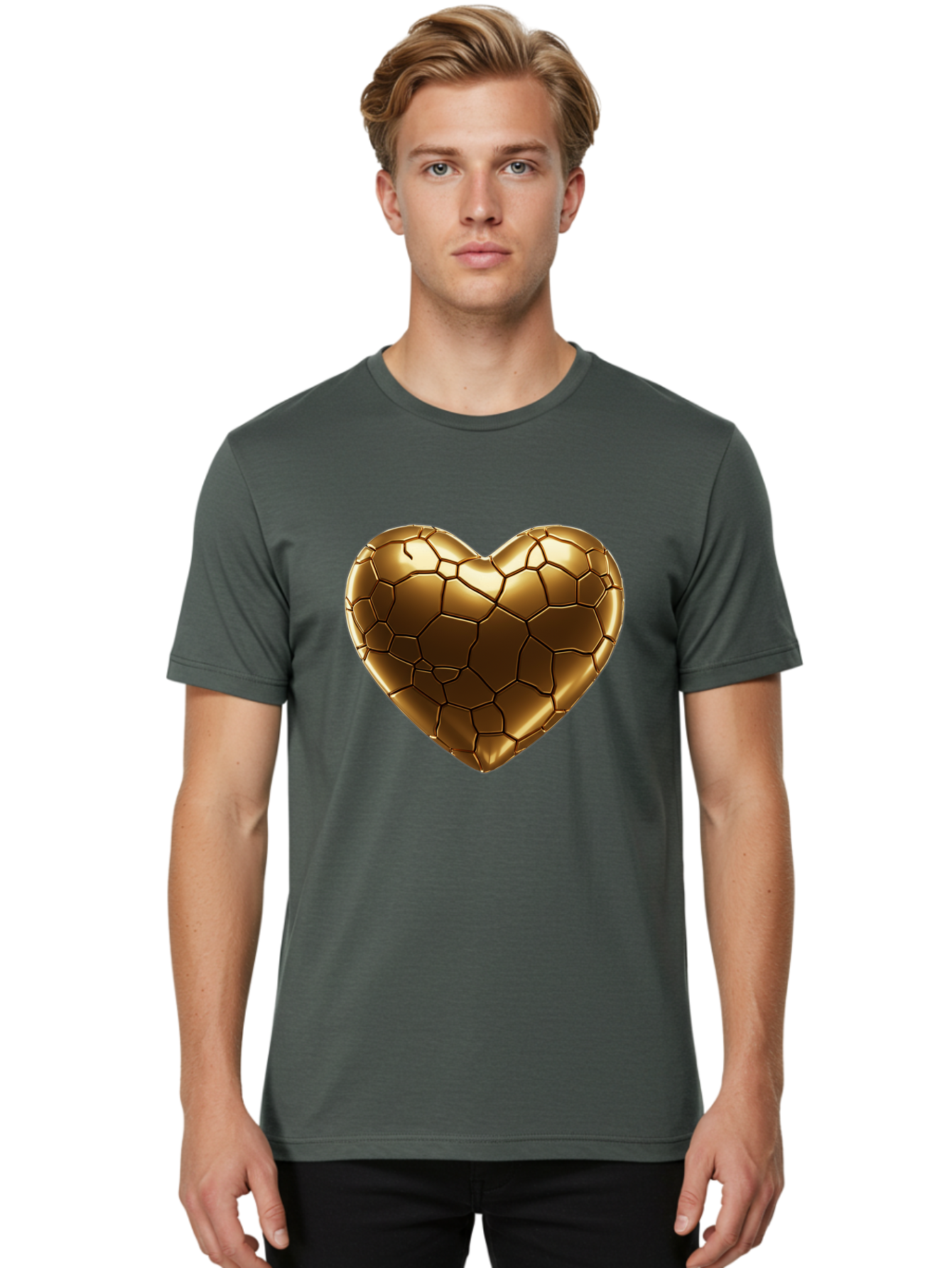 Gold-Heart Men'S Graphic Tee, 100% Cotton, Comfortable Casual Summer Wear, Machine Washable, Gold Heart, Mosaic Pattern, Heart-Shaped, Geometric Design, Luxury, Gold Finish, 3D Rendering, Cracked Pattern, Valentine'S Day, Love Symbol Bae023 22