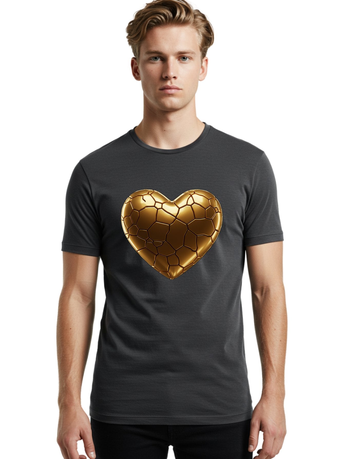 Gold-Heart Men'S Graphic Tee, 100% Cotton, Comfortable Casual Summer Wear, Machine Washable, Gold Heart, Mosaic Pattern, Heart-Shaped, Geometric Design, Luxury, Gold Finish, 3D Rendering, Cracked Pattern, Valentine'S Day, Love Symbol Bae023 18