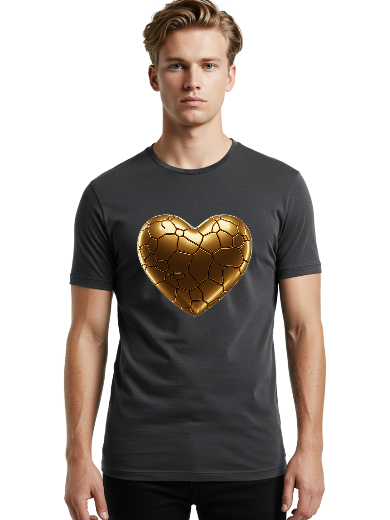 Gold-Heart Men'S Graphic Tee, 100% Cotton, Comfortable Casual Summer Wear, Machine Washable, Gold Heart, Mosaic Pattern, Heart-Shaped, Geometric Design, Luxury, Gold Finish, 3D Rendering, Cracked Pattern, Valentine'S Day, Love Symbol Bae023 27