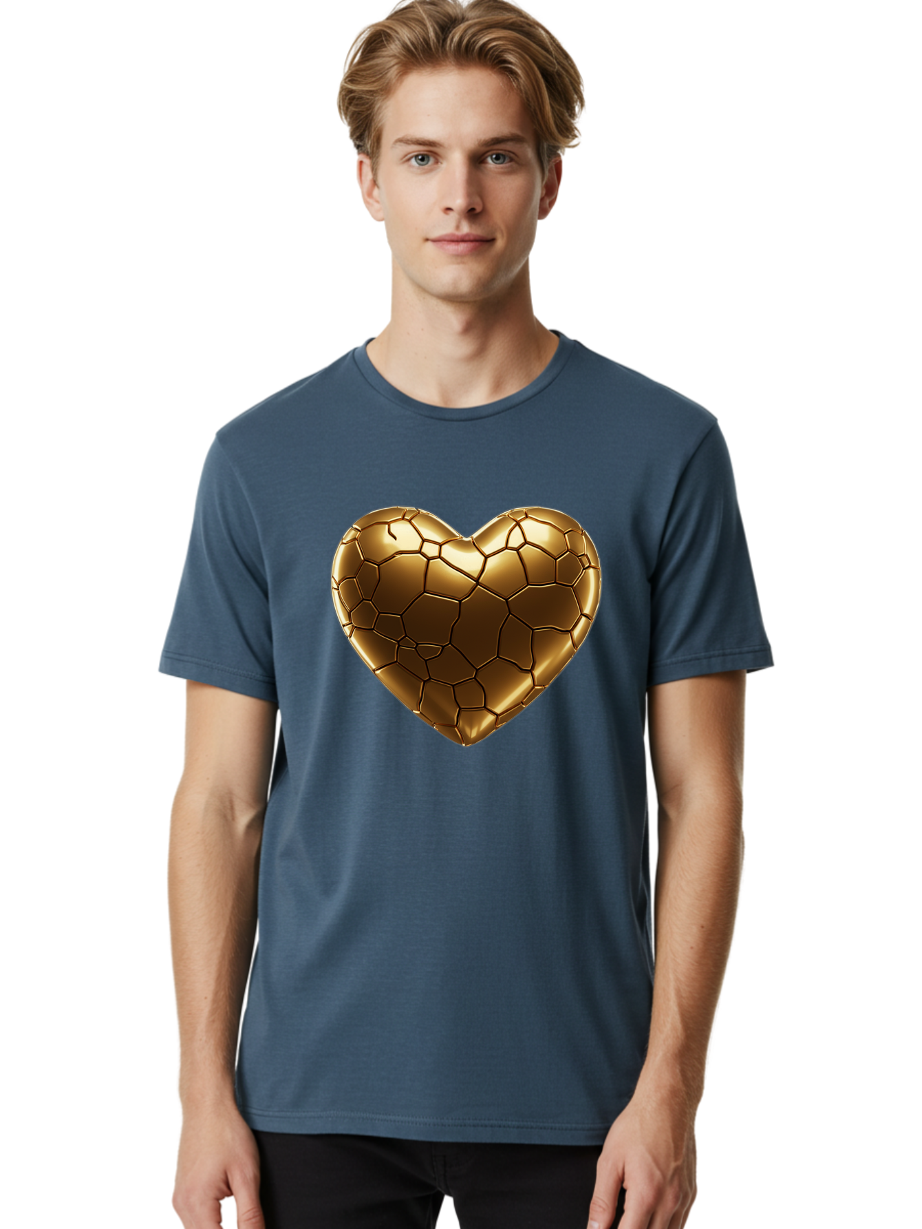 Gold-Heart Men'S Graphic Tee, 100% Cotton, Comfortable Casual Summer Wear, Machine Washable, Gold Heart, Mosaic Pattern, Heart-Shaped, Geometric Design, Luxury, Gold Finish, 3D Rendering, Cracked Pattern, Valentine'S Day, Love Symbol Bae023 30