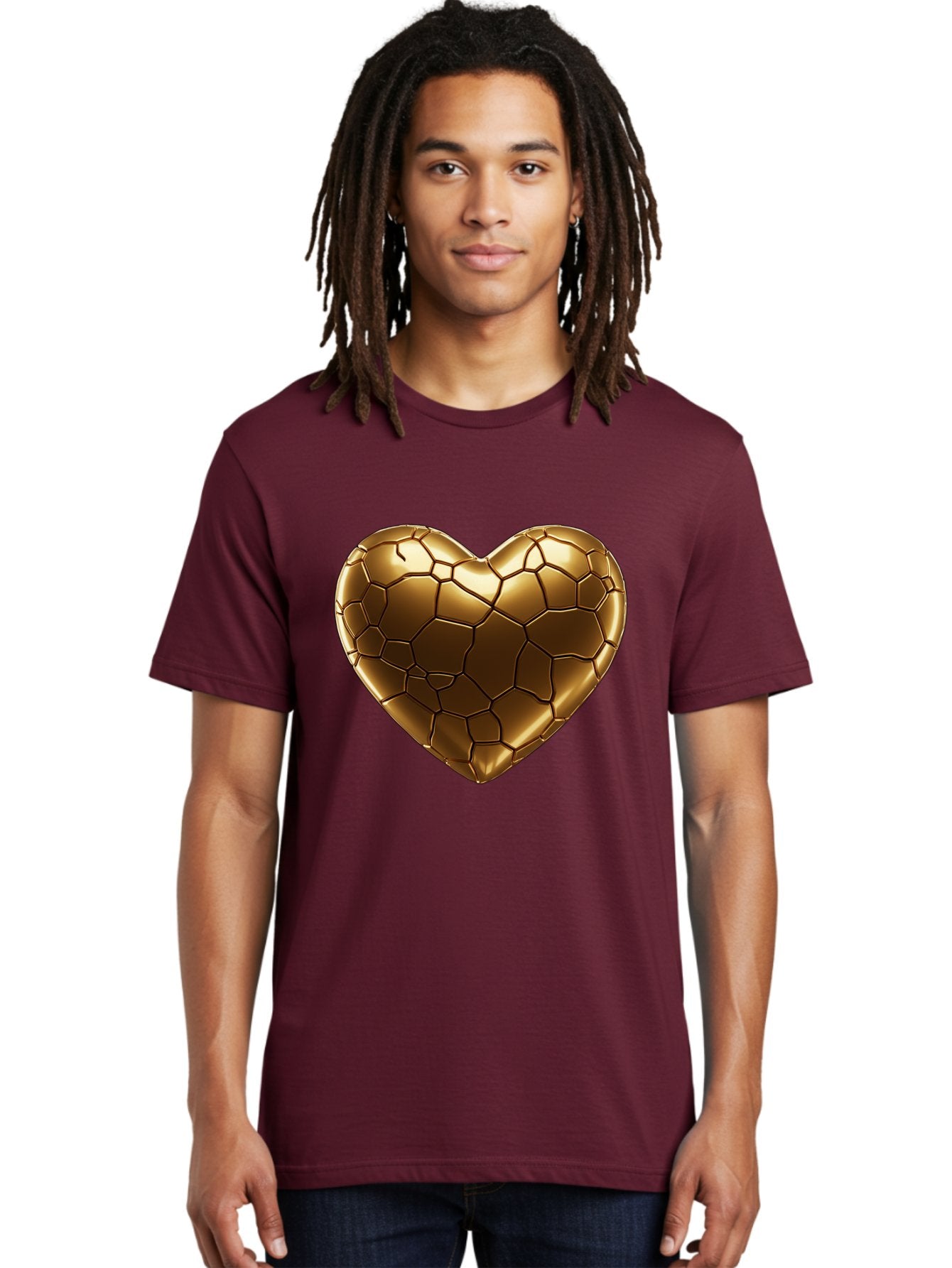 Gold-Heart Men'S Graphic Tee, 100% Cotton, Comfortable Casual Summer Wear, Machine Washable, Gold Heart, Mosaic Pattern, Heart-Shaped, Geometric Design, Luxury, Gold Finish, 3D Rendering, Cracked Pattern, Valentine'S Day, Love Symbol Bae023 29