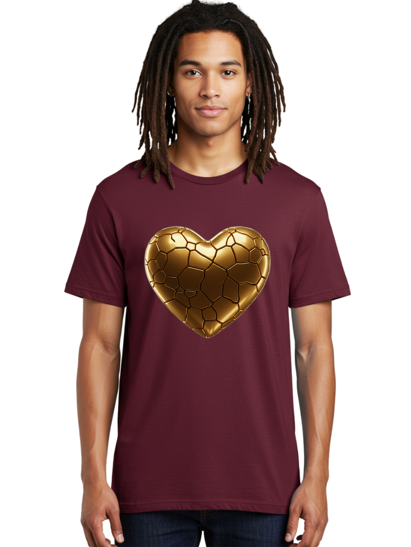 Gold-Heart Men'S Graphic Tee, 100% Cotton, Comfortable Casual Summer Wear, Machine Washable, Gold Heart, Mosaic Pattern, Heart-Shaped, Geometric Design, Luxury, Gold Finish, 3D Rendering, Cracked Pattern, Valentine'S Day, Love Symbol Bae023 17