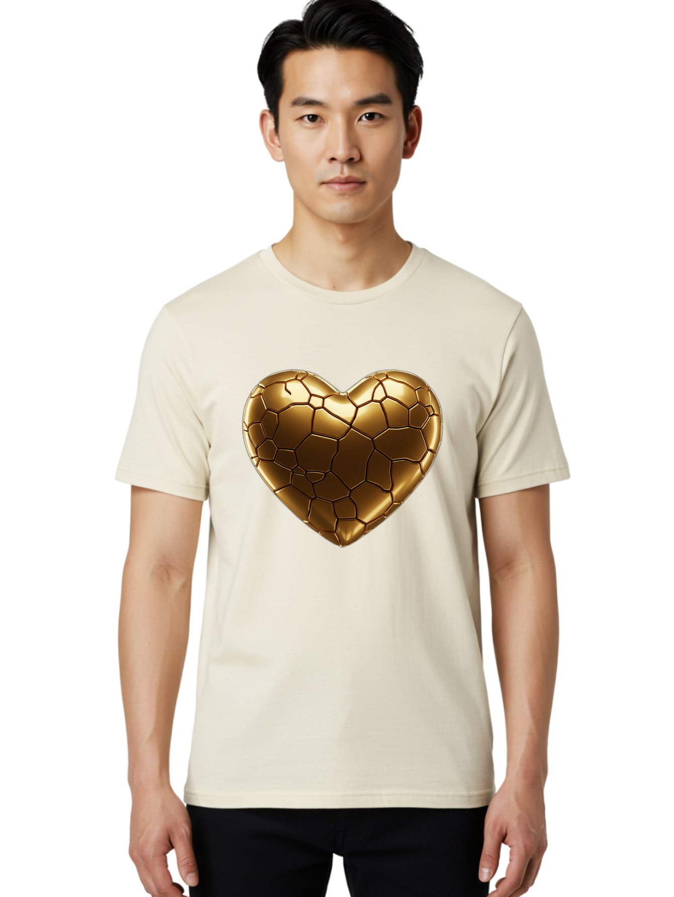 Gold-Heart Men'S Graphic Tee, 100% Cotton, Comfortable Casual Summer Wear, Machine Washable, Gold Heart, Mosaic Pattern, Heart-Shaped, Geometric Design, Luxury, Gold Finish, 3D Rendering, Cracked Pattern, Valentine'S Day, Love Symbol Bae023 23