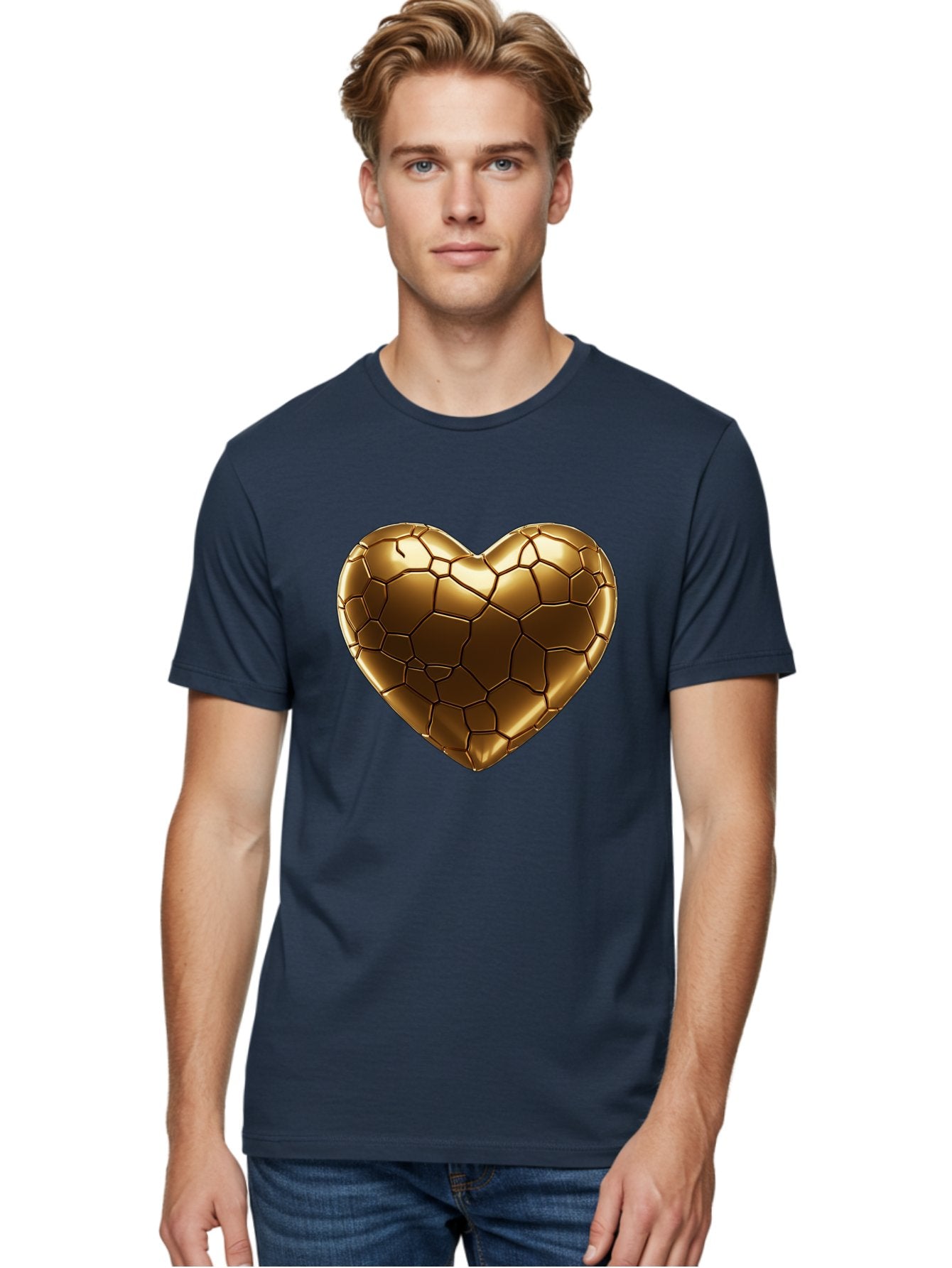 Gold-Heart Men'S Graphic Tee, 100% Cotton, Comfortable Casual Summer Wear, Machine Washable, Gold Heart, Mosaic Pattern, Heart-Shaped, Geometric Design, Luxury, Gold Finish, 3D Rendering, Cracked Pattern, Valentine'S Day, Love Symbol Bae023 26