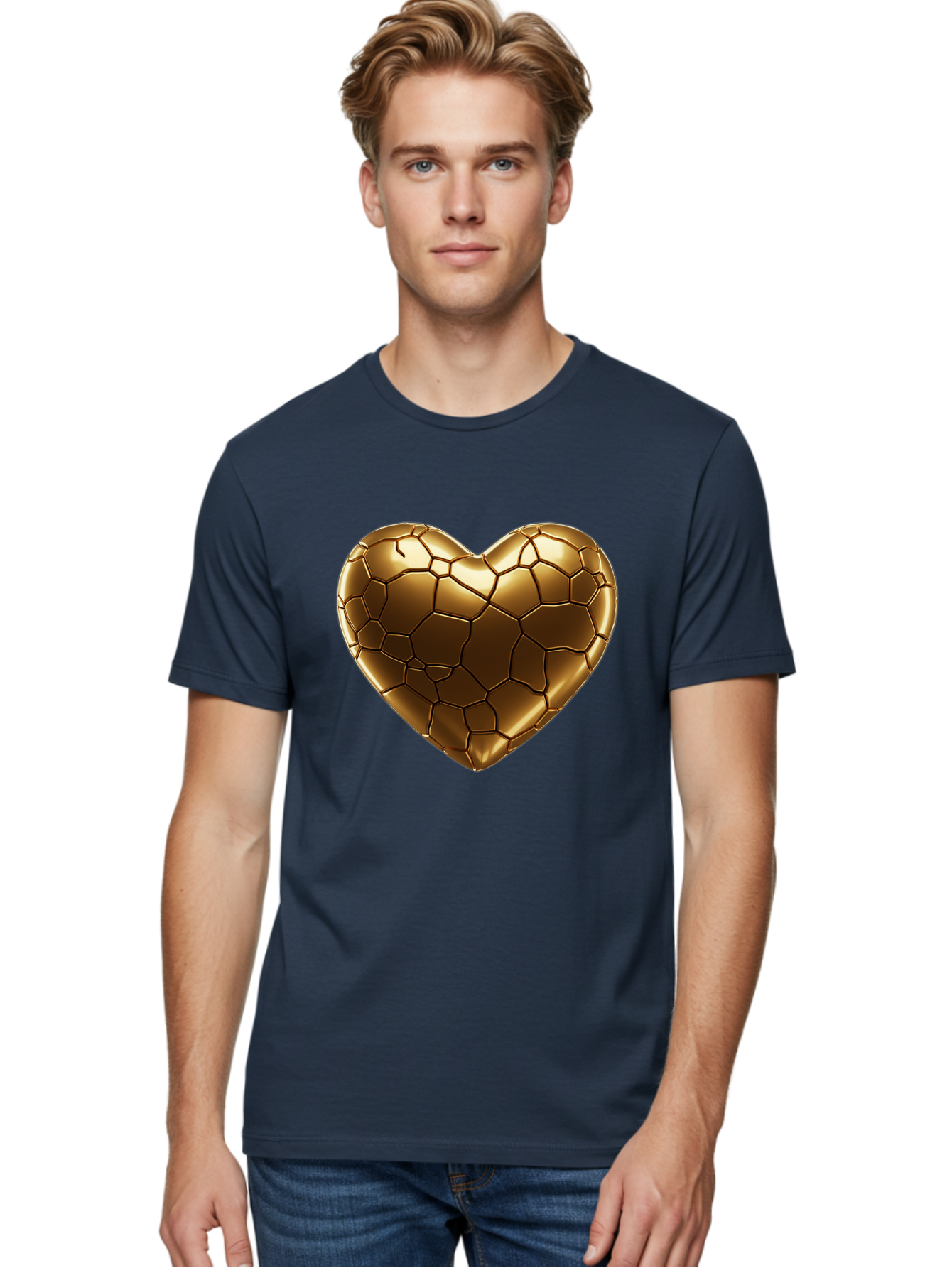 Gold-Heart Men'S Graphic Tee, 100% Cotton, Comfortable Casual Summer Wear, Machine Washable, Gold Heart, Mosaic Pattern, Heart-Shaped, Geometric Design, Luxury, Gold Finish, 3D Rendering, Cracked Pattern, Valentine'S Day, Love Symbol Bae023 20