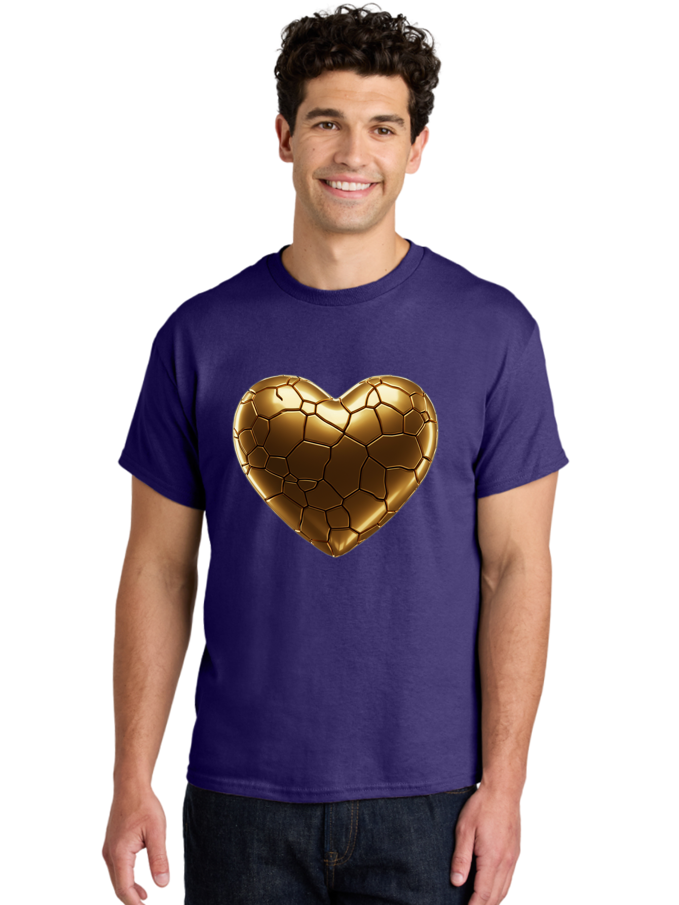 Gold-Heart Men'S Graphic Tee, 100% Cotton, Comfortable Casual Summer Wear, Machine Washable, Gold Heart, Mosaic Pattern, Heart-Shaped, Geometric Design, Luxury, Gold Finish, 3D Rendering, Cracked Pattern, Valentine'S Day, Love Symbol Bae023 19