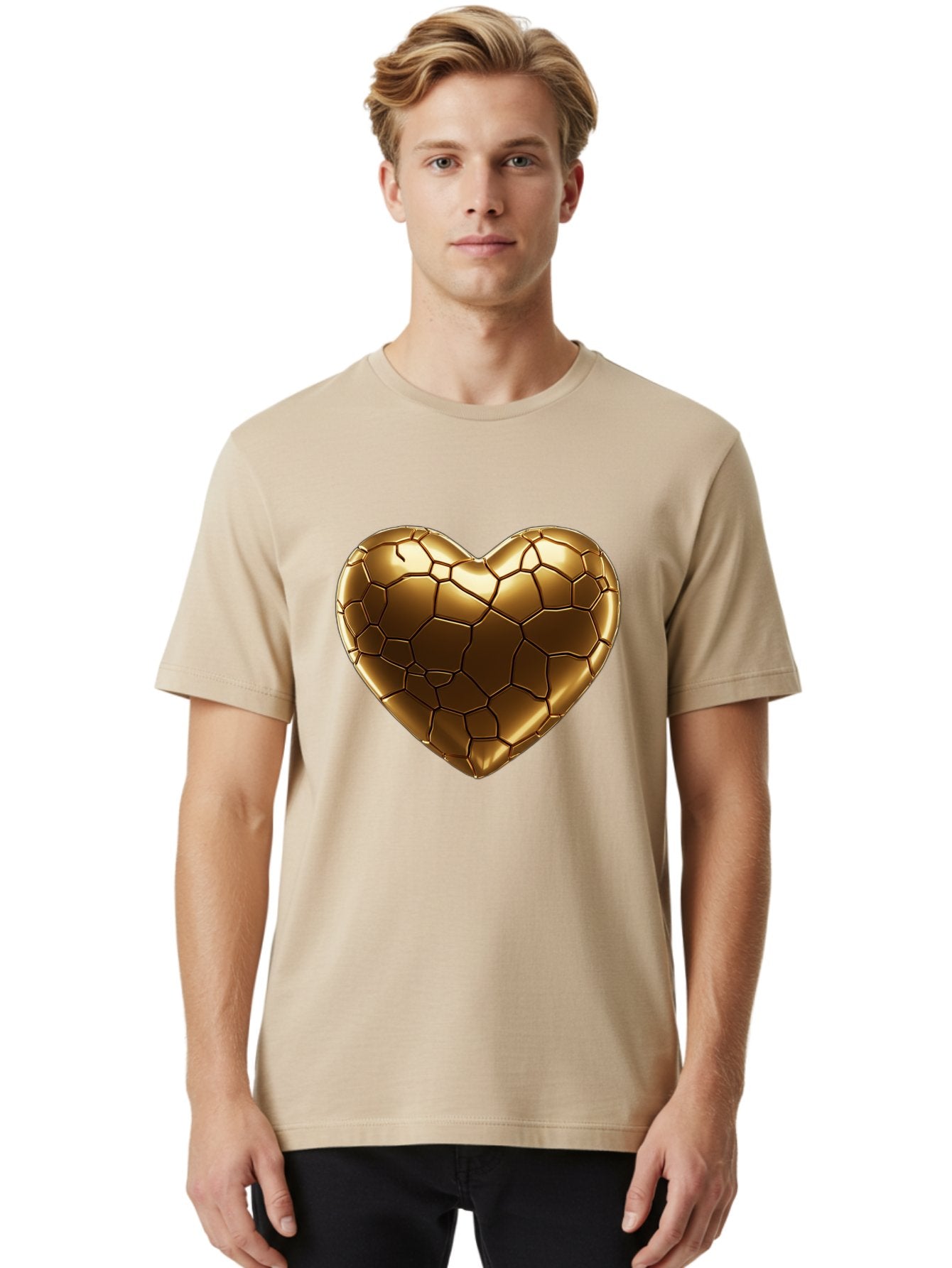 Gold-Heart Men'S Graphic Tee, 100% Cotton, Comfortable Casual Summer Wear, Machine Washable, Gold Heart, Mosaic Pattern, Heart-Shaped, Geometric Design, Luxury, Gold Finish, 3D Rendering, Cracked Pattern, Valentine'S Day, Love Symbol Bae023 21