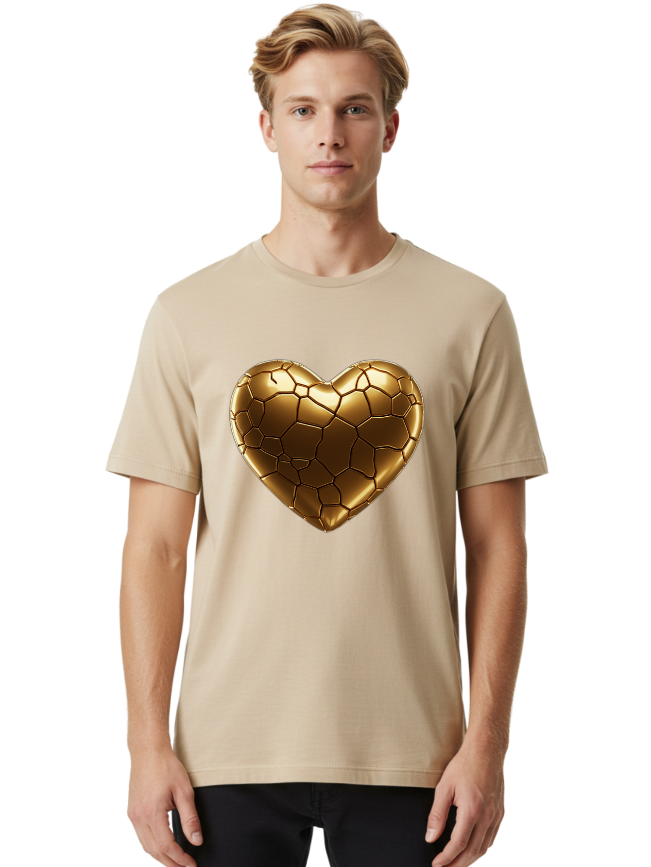 Gold-Heart Men'S Graphic Tee, 100% Cotton, Comfortable Casual Summer Wear, Machine Washable, Gold Heart, Mosaic Pattern, Heart-Shaped, Geometric Design, Luxury, Gold Finish, 3D Rendering, Cracked Pattern, Valentine'S Day, Love Symbol Bae023 25