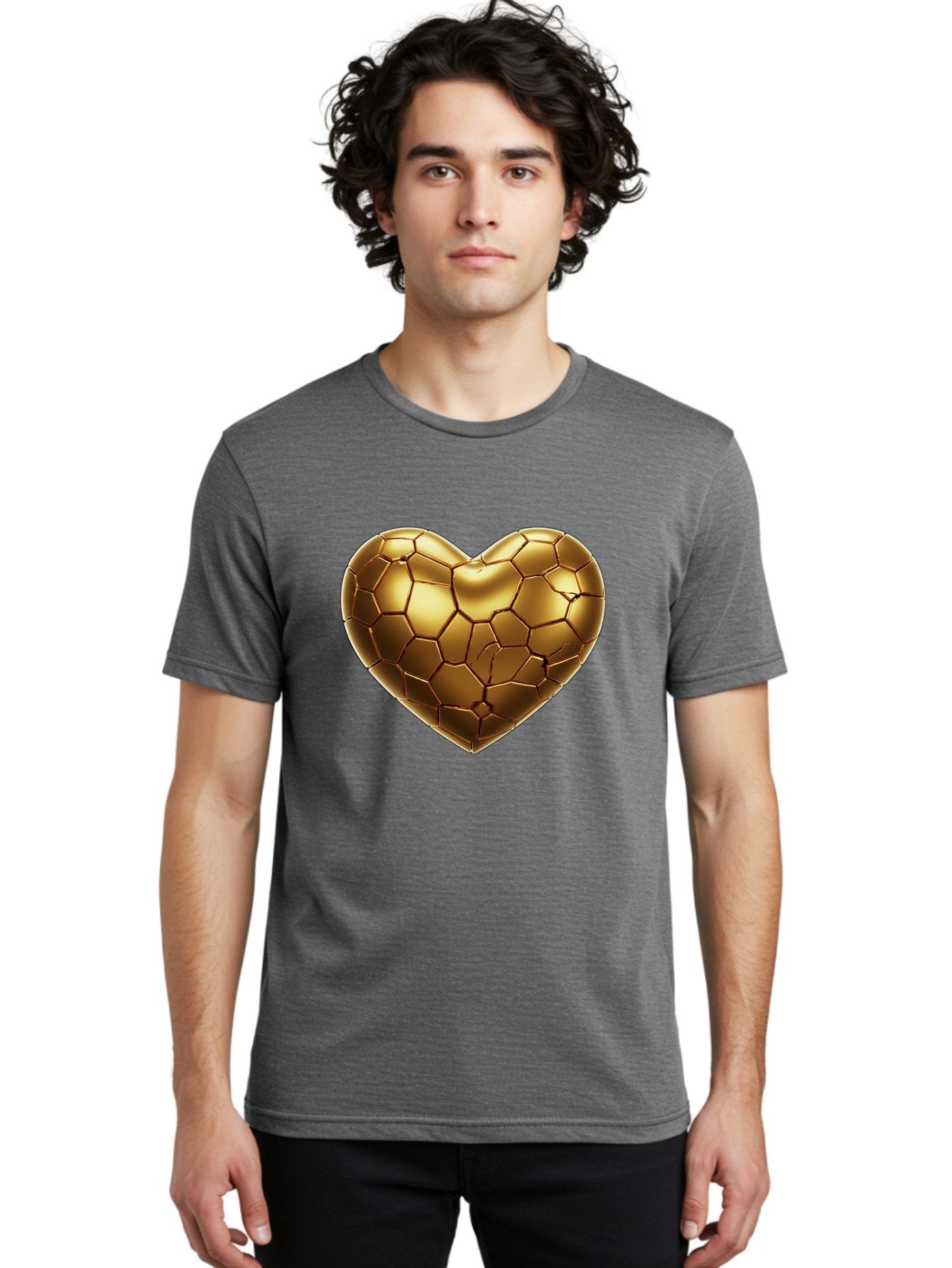 Golden-Heart-1 Men'S Graphic Tee, 100% Cotton, Comfortable Casual Summer Wear, Machine Washable, Shiny Gold Heart, Cracked Surface, Metallic Texture, Valentines Day Symbol, Love Icon, Golden Love, Heart Shape, Luxury Design Bae024 29