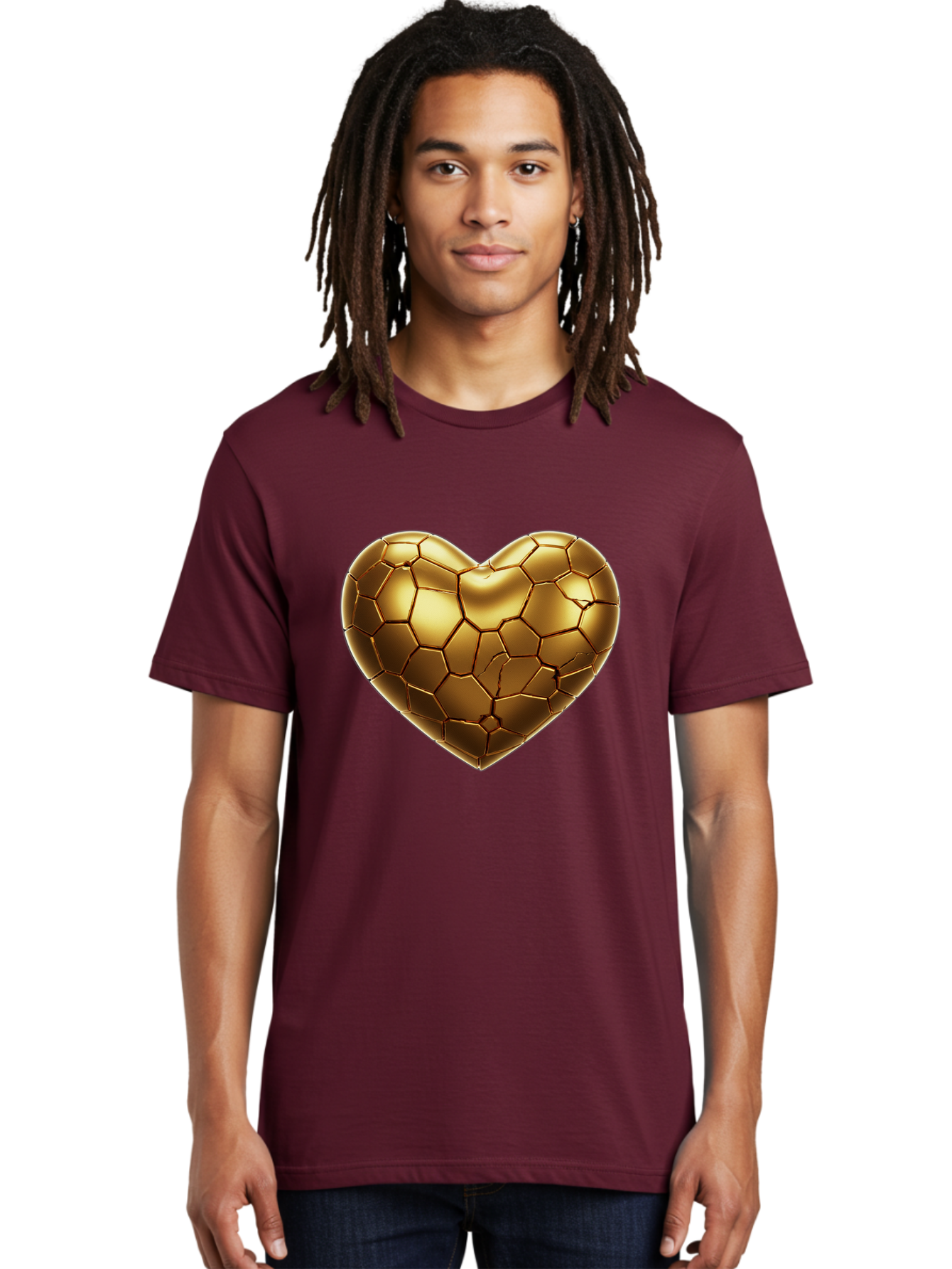 Golden-Heart-1 Men'S Graphic Tee, 100% Cotton, Comfortable Casual Summer Wear, Machine Washable, Shiny Gold Heart, Cracked Surface, Metallic Texture, Valentines Day Symbol, Love Icon, Golden Love, Heart Shape, Luxury Design Bae024 29