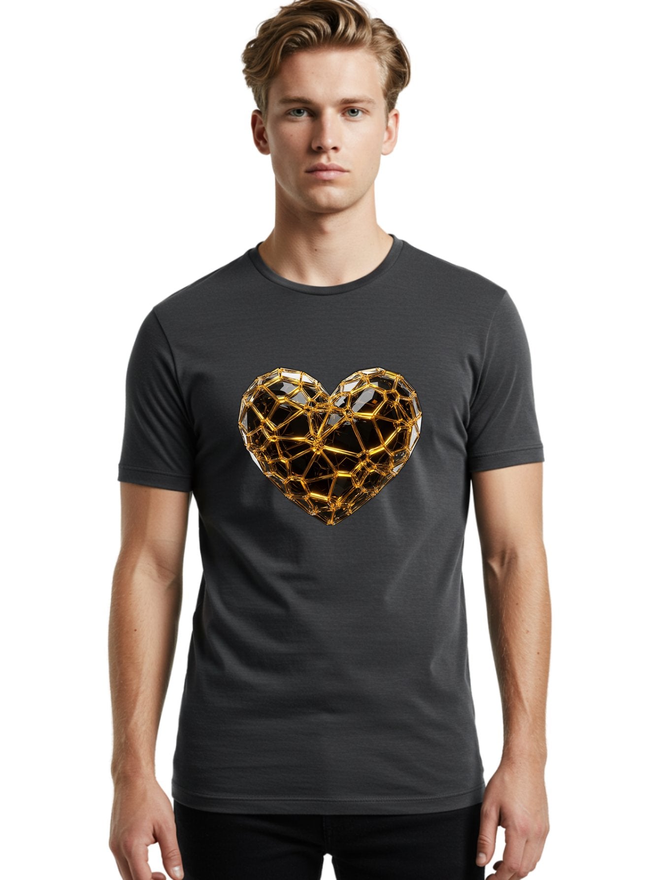 Golden-Heart Men'S Graphic Tee, 100% Cotton, Comfortable Casual Summer Wear, Machine Washable, Golden Heart, 3D Heart, Geometric Pattern, Luxury Design, Valentines Day, Love Symbol, Abstract Art, Modern Decoration, Gold Texture Bae025 26